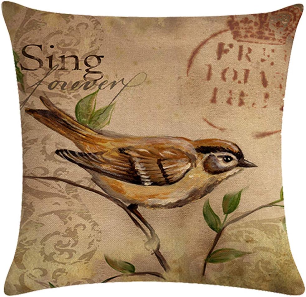 Set of 4 Vintage Bird Pillow Covers Birds On The Branch with Inspirational Words/Sing/Love/Dream/Fly Cushion Cover Cotton Linen Home Decorative Pillowcases