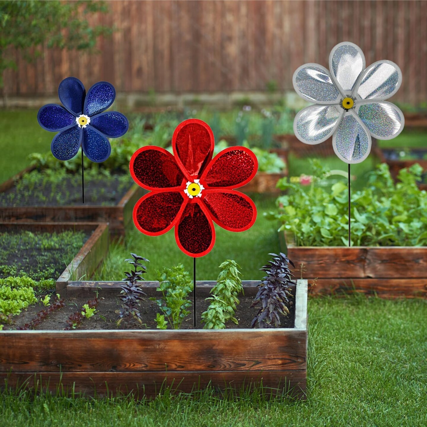4PCS Garden Wind Spinners for Kids Outdoor, American Flag Color Lawn Yard Decorative Pinwheel Colorful Whirligigs Windmill