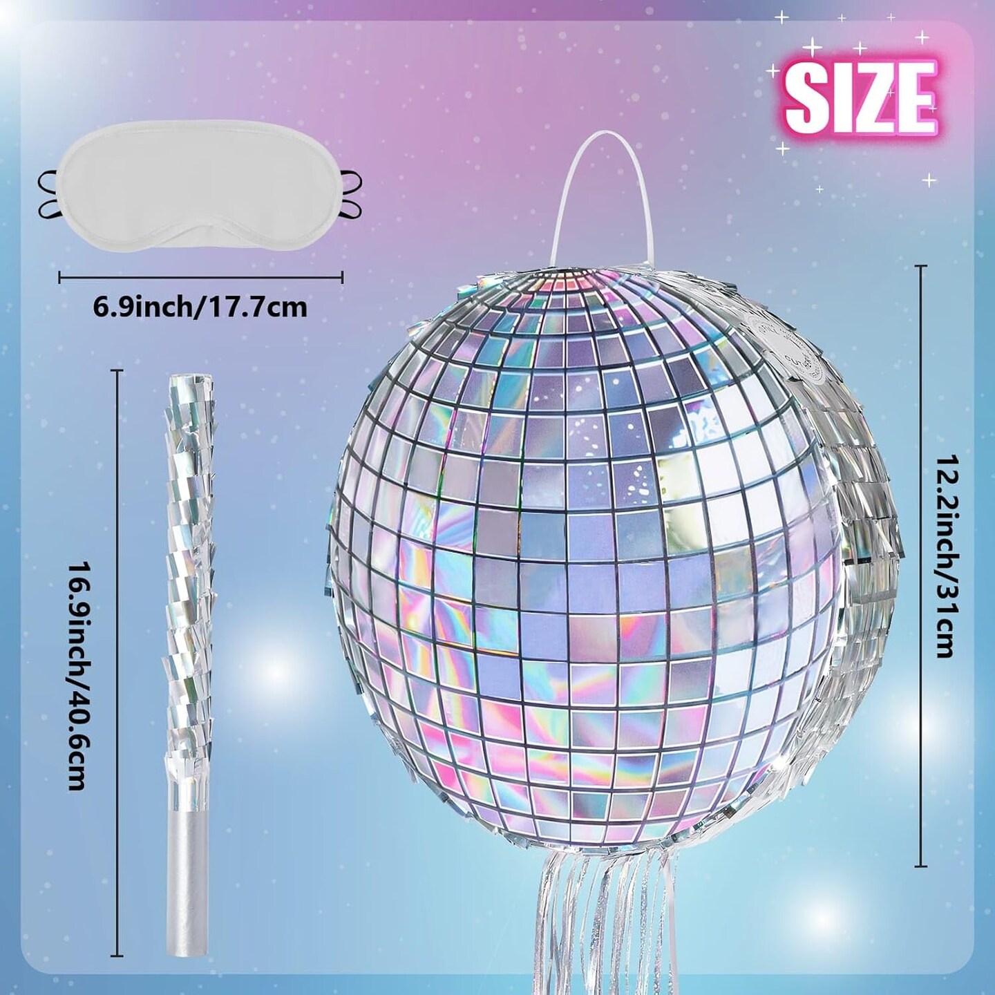 Disco Ball Pi&#xF1;ata - Disco Party Decoration for Adult Birthday Party Supplies Hanging Disco Pi&#xF1;ata with Bat Blindfold Mirror Roller Skating Pull String, 12.2&#x201D; x 12.2&#x201D;