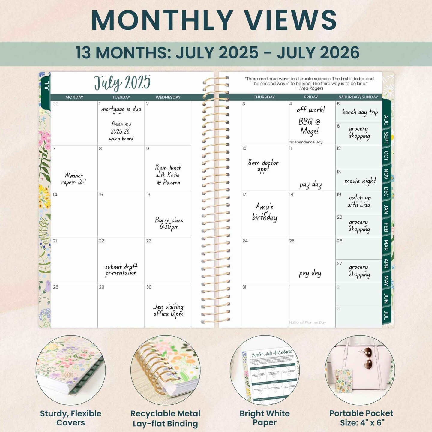 bloom daily planners 2025-26 Academic Planner, Soft Cover, 4&#x22; x 6&#x22;, Garden Party, Beige