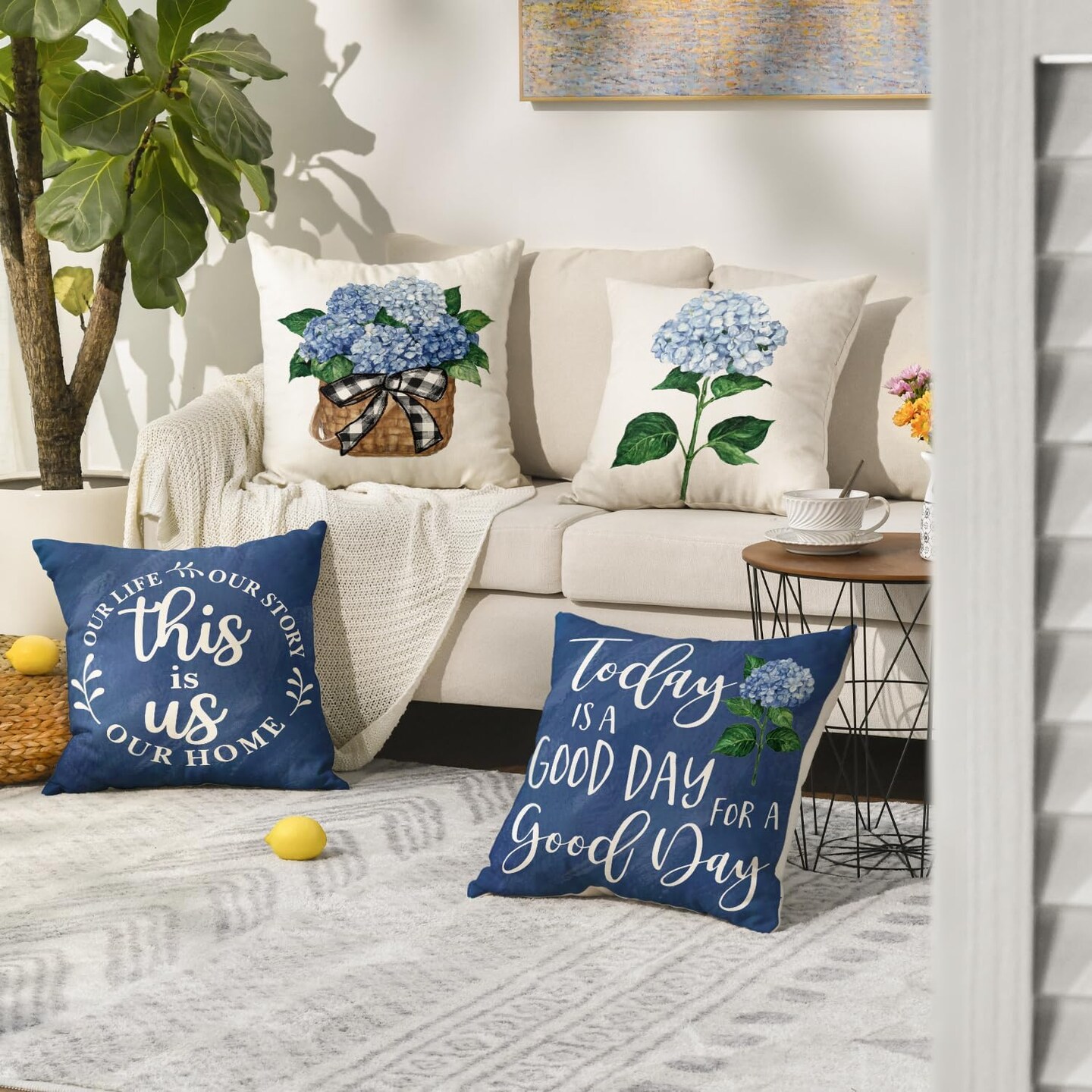 Blue Hydrangea Spring Summer Throw Pillow Covers, 18 x 18 Inch Today is A Good Day Dark Blue Cushion Case Decoration for Sofa Couch Set of 4