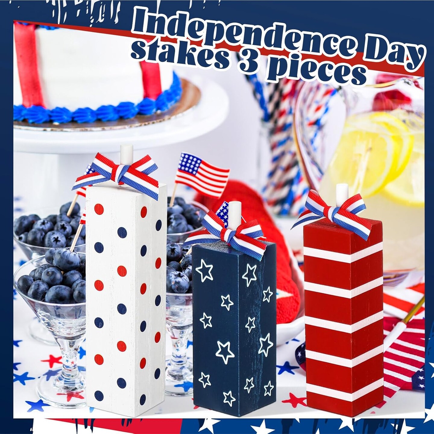 3 Pcs Patriotic Wooden Block Sign Memorial Day Decorations 4th of July Table Decor Red White Blue Tabletop Centerpieces Independence Day Tiered Tray Decor for Home Shelf(Rustic Style)
