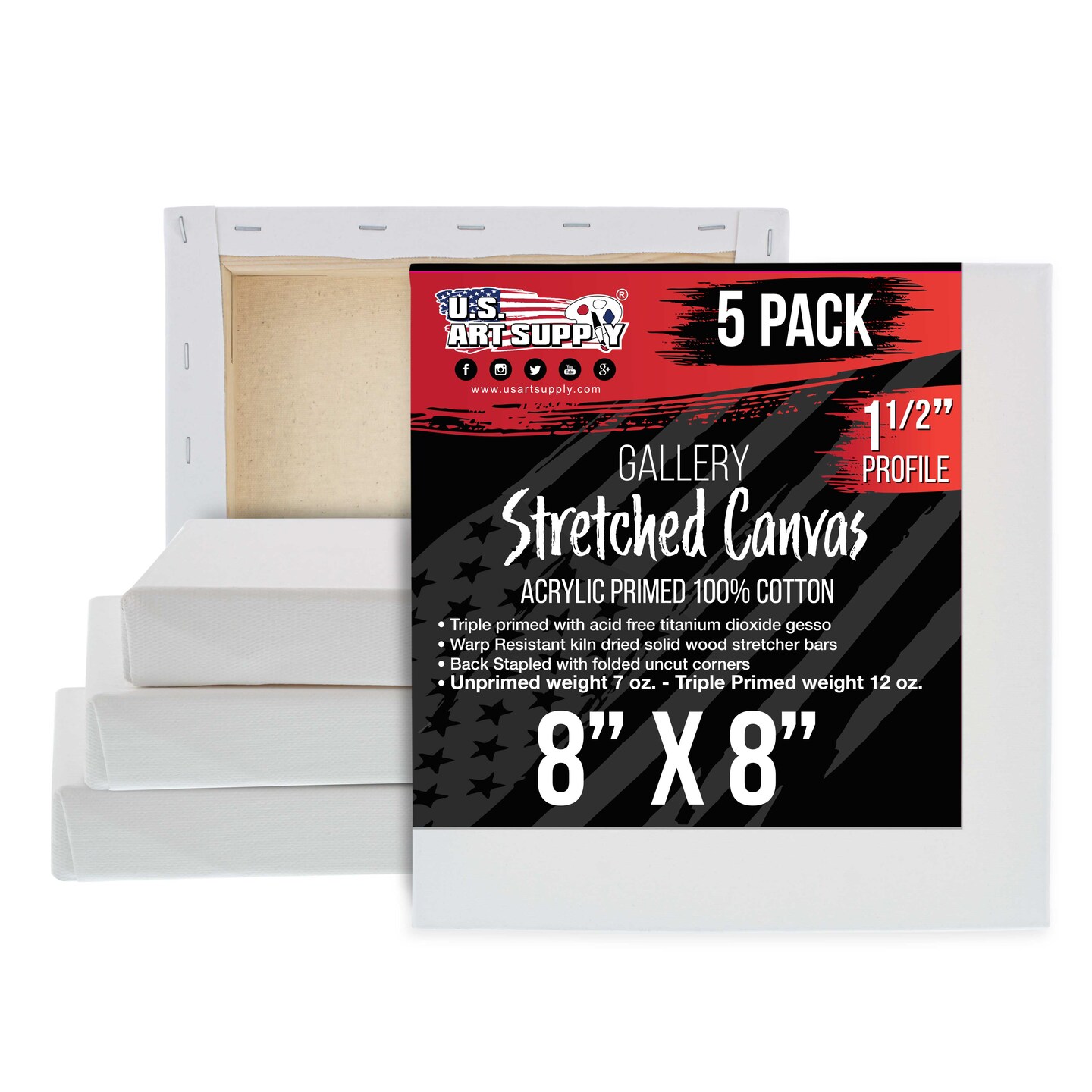 Square Stretched Canvas for Painting 8x8 inch Gallery Depth 1-1/2&#x22; Thick, 5-Pack - 12oz Acrylic Gesso Triple Primed, Professional Artist Quality, 100% Cotton - Pouring, Oil Paint