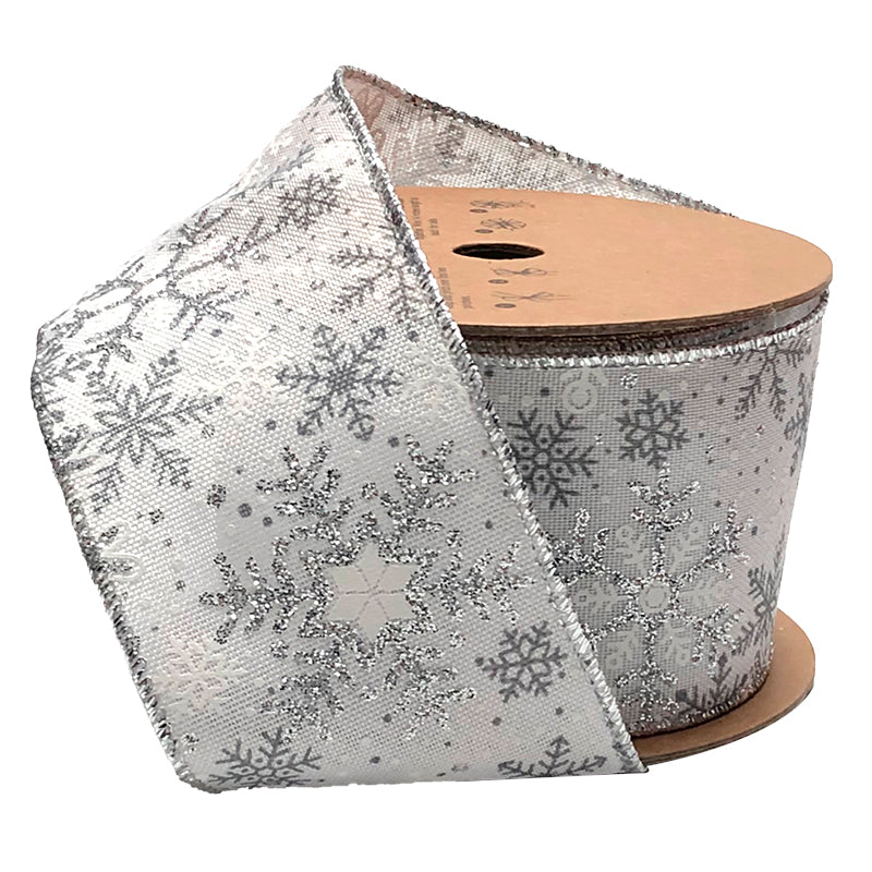 LaRibbons 2 1/2&#x22; Wired Ribbon | &#x22;Glitter Snowflake&#x22; White/Silver | 10 Yard Roll