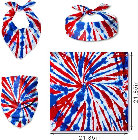 Patriotic Tie-Dye Bandanas Headband, American Flag Blue Red Bandana for Men Women Adults Kids, Veterans Day Multi-Purpose Headwear Head Wrap Scarf Wristband Novelty Bandanas Decorations