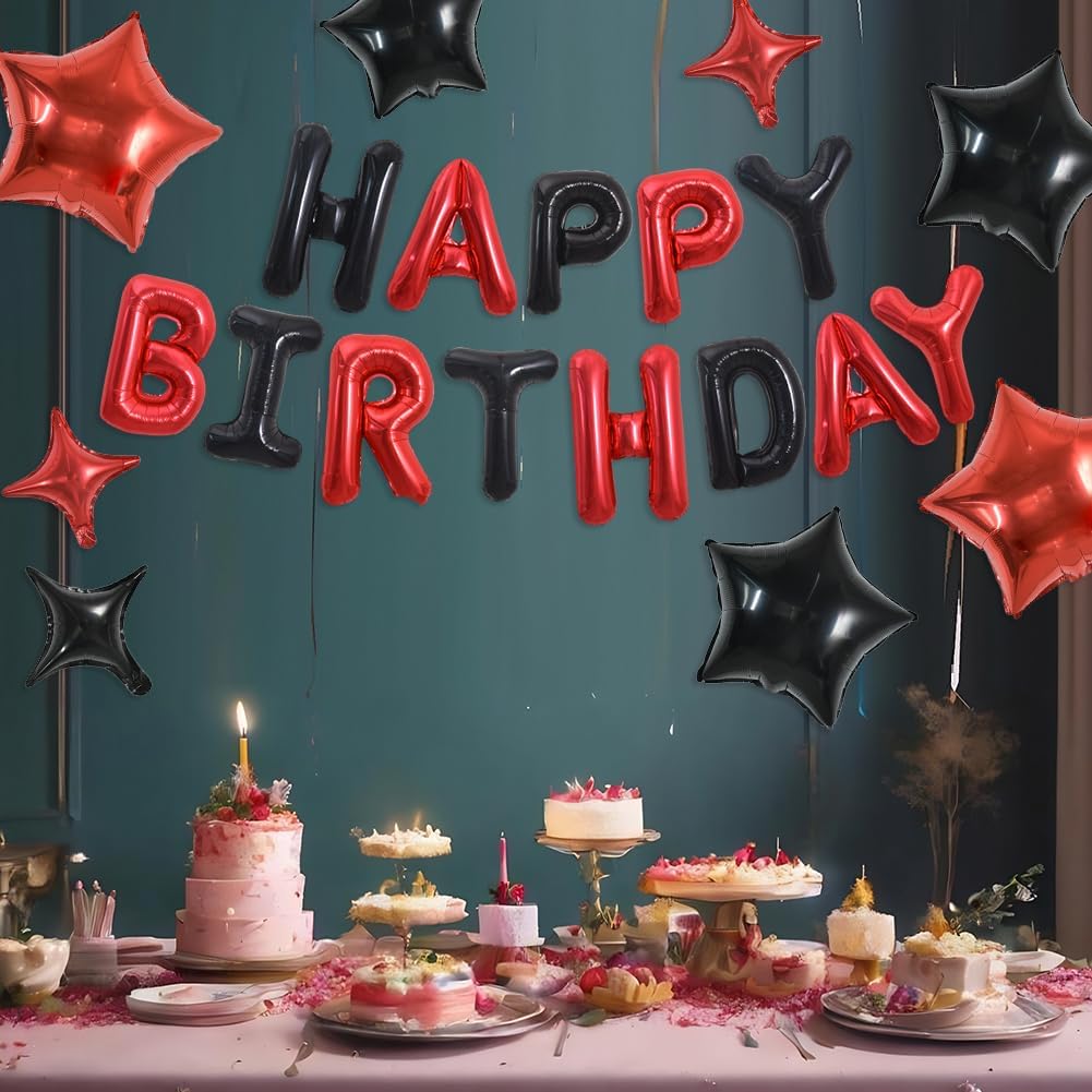 35PCS Black and Red Happy Birthday Decorations 16 Inch Happy Birthday Balloon Banner with Star Balloons Mylar Foil Birthday Party Decorations Supplies for Men Women Adults Girls Boys Kids