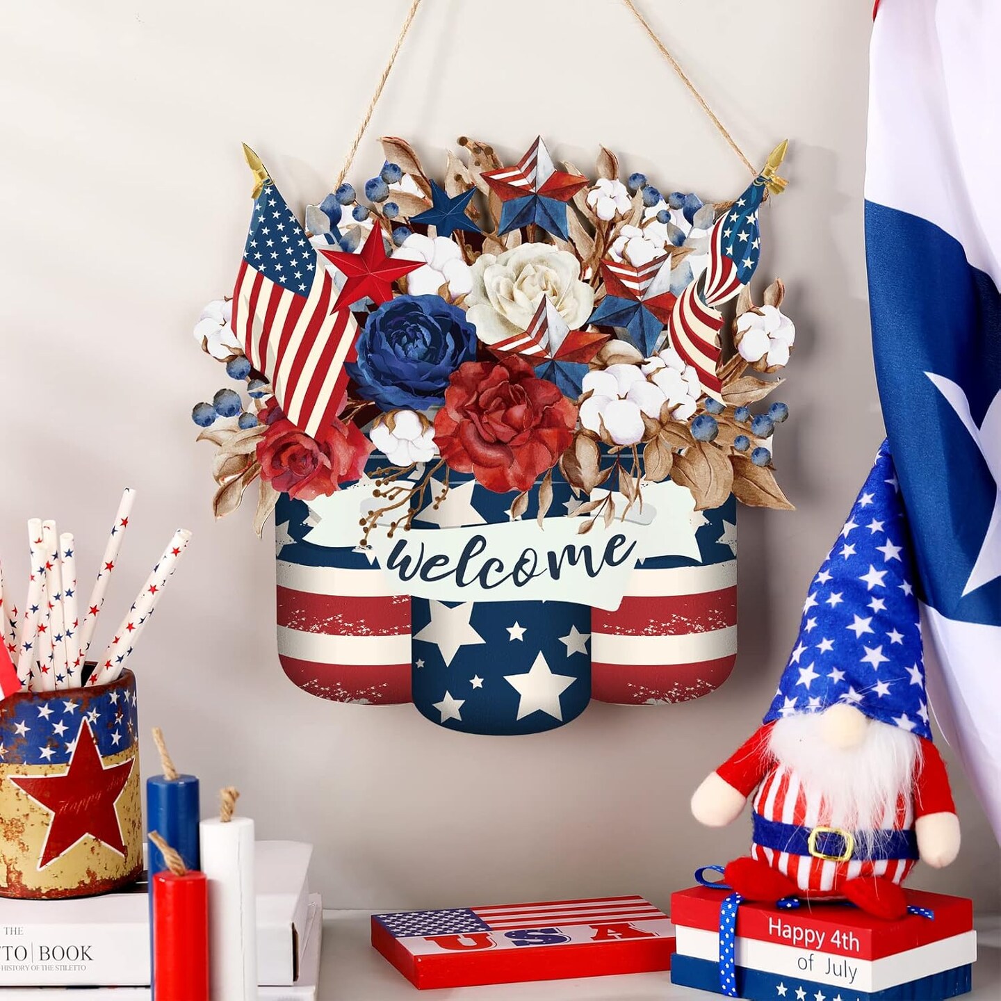 4th of July Decorations Patriotic Door Sign Wooden Memorial Day Wreath Red White Blue American Flag Door Hanger Independence Day Decor for Front Porch Wall Home Outdoor(Stylish)