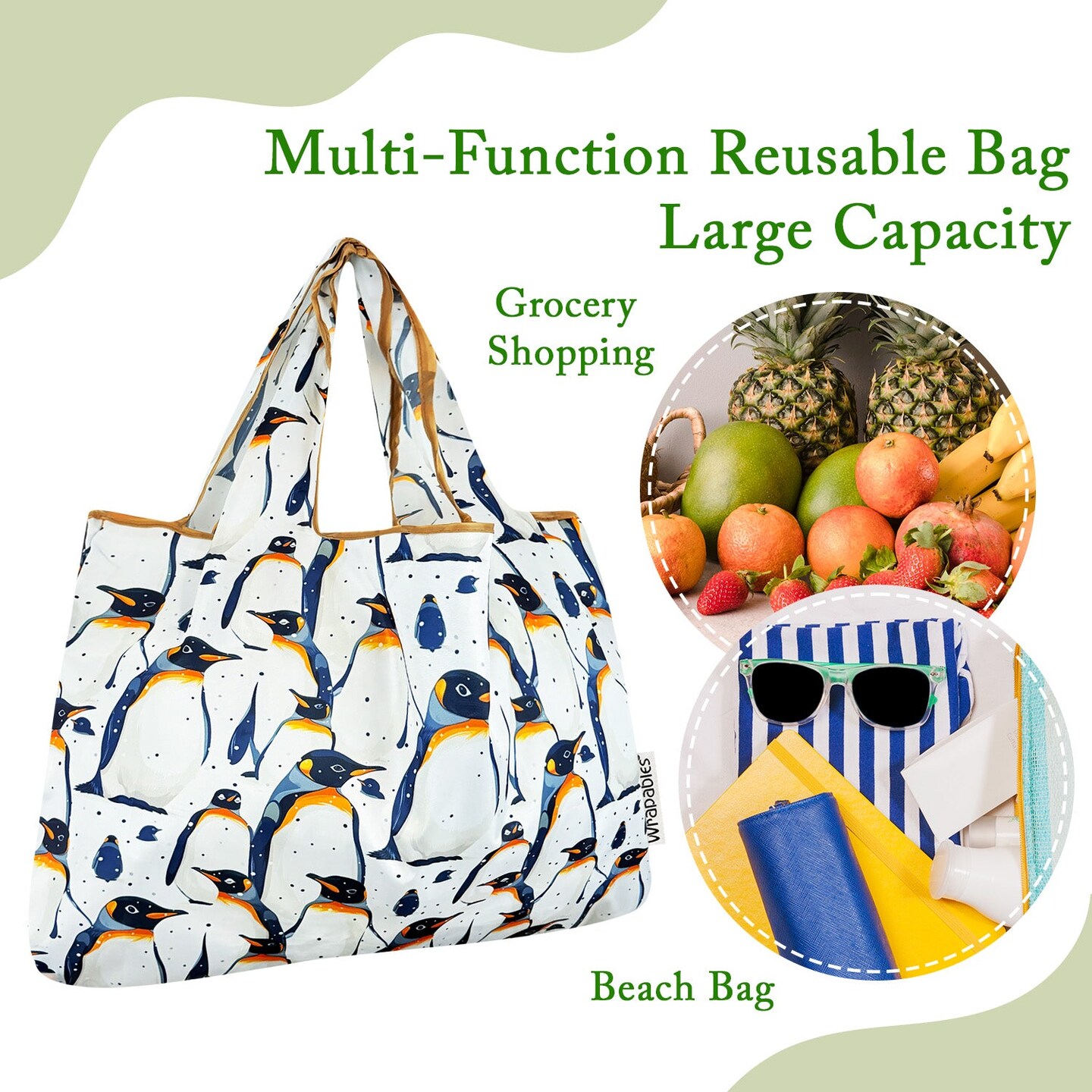 Wrapables Large Foldable Tote Nylon Reusable Grocery Bags, King Penguin