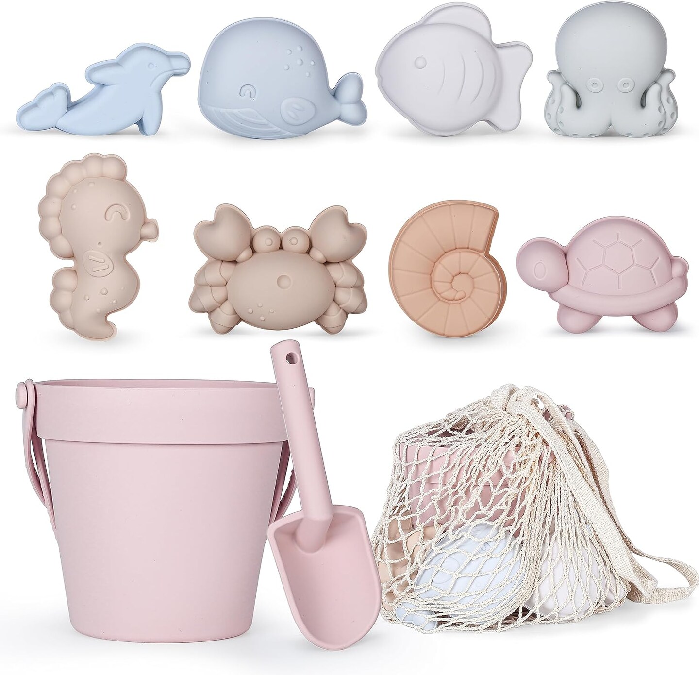 11Pcs Summer Silicone Beach Toys,Modern Baby Beach Toys,Travel Friendly Beach Set,Silicone Bucket, Shovel, 8 Sand Molds, Beach Bag,Silicone Sand Toys for Toddlers, Kids (Pink)