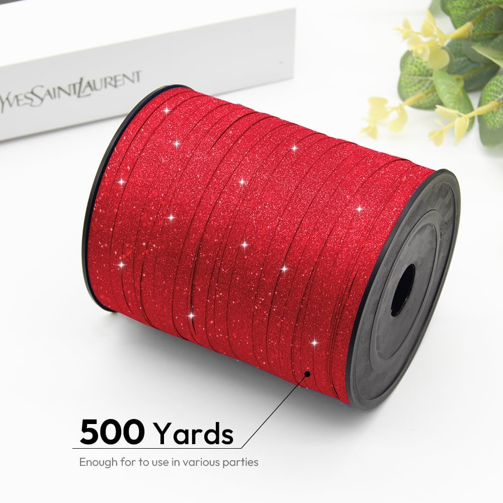 500 Yards Red Glitter Curling Ribbon – 1/5" Balloon String for Gifts, Crafts & Party Decor