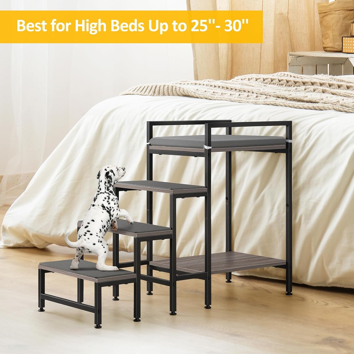 24.84’’H Window Perch Dog Steps for High Beds & Couches - 4-Step Non-Slip Pet Stairs with Bunk Bed, Removable Cushion, Adjustable Feet - Sturdy Frame for Small/Medium Pets