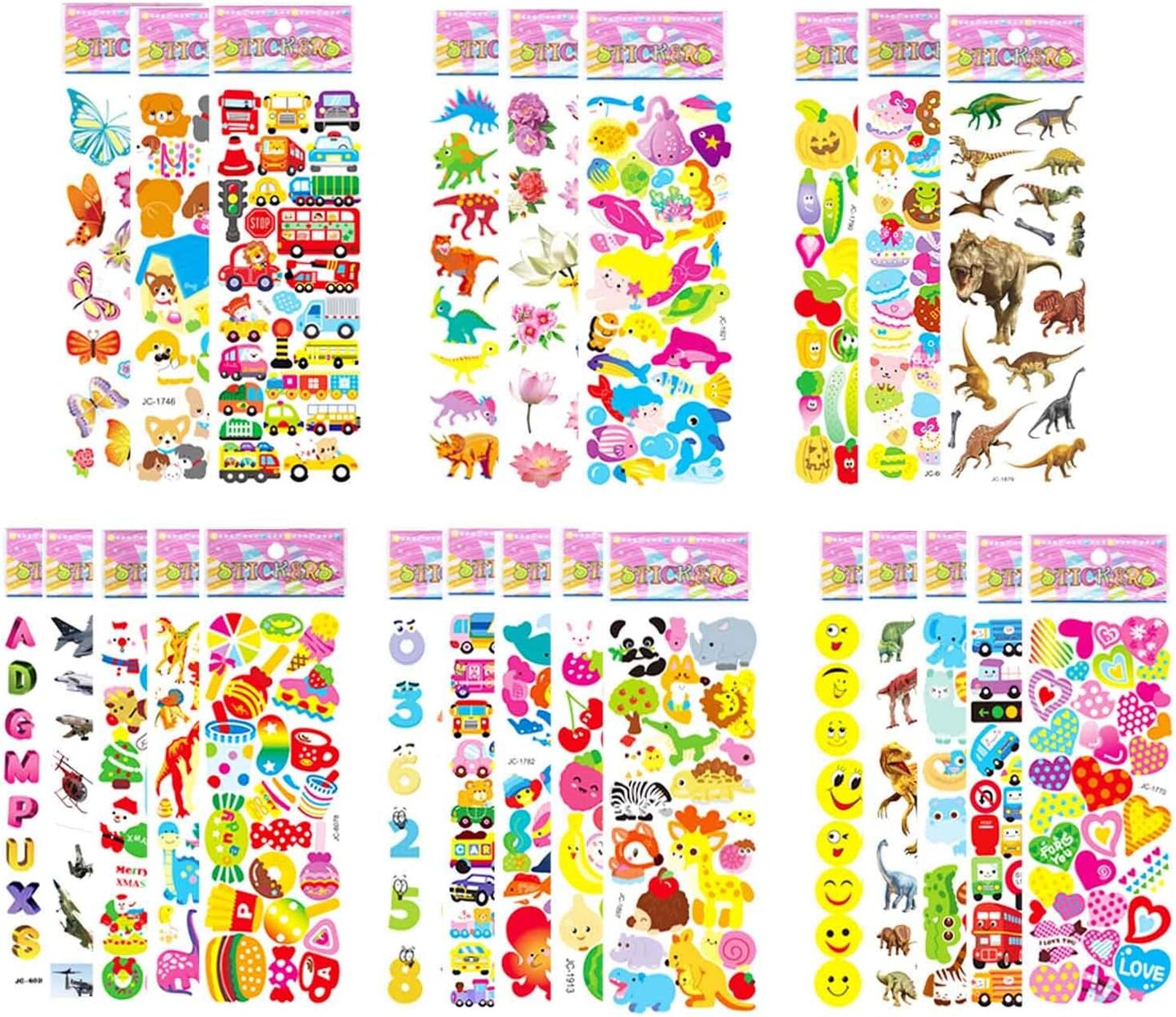 Puffy Stickers for Kids Toddlers, Small 3D Sticker Variety Pack, Kid Stickers Sheets Bulk, Mini Party Favor for Kids Boy (Dinosaur Car Animal Dog Flower Heart Number Food Truck) 24 Sheets