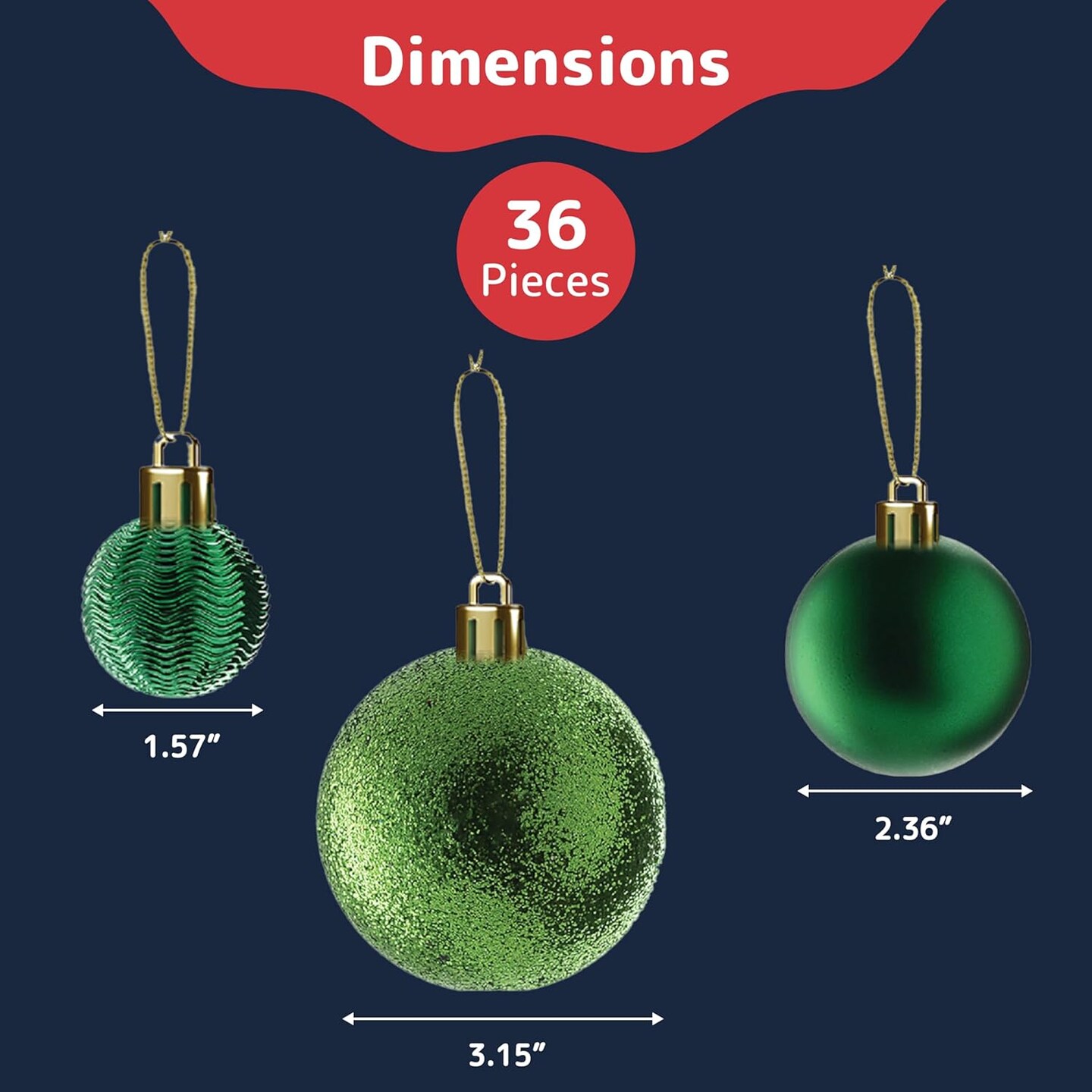36-Piece Green Christmas Ornaments Set - Shatterproof Christmas Tree Balls - 6 Styles, 3 Sizes with Hanging Loops to Decorate Christmas Tree - Ideal for Indoor and Outdoor Holiday Decor
