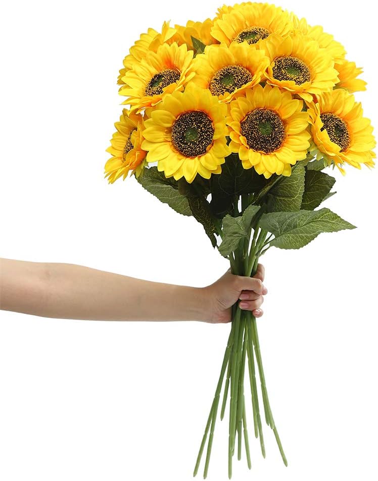 Artificial Sunflower Flowers Long Stem Silk Fake Large Sunflowers Decoration for Outdoor Home Wedding Baby Shower Birthday Party Single Bulk Yellow Decor 6PCS (Dark Center)