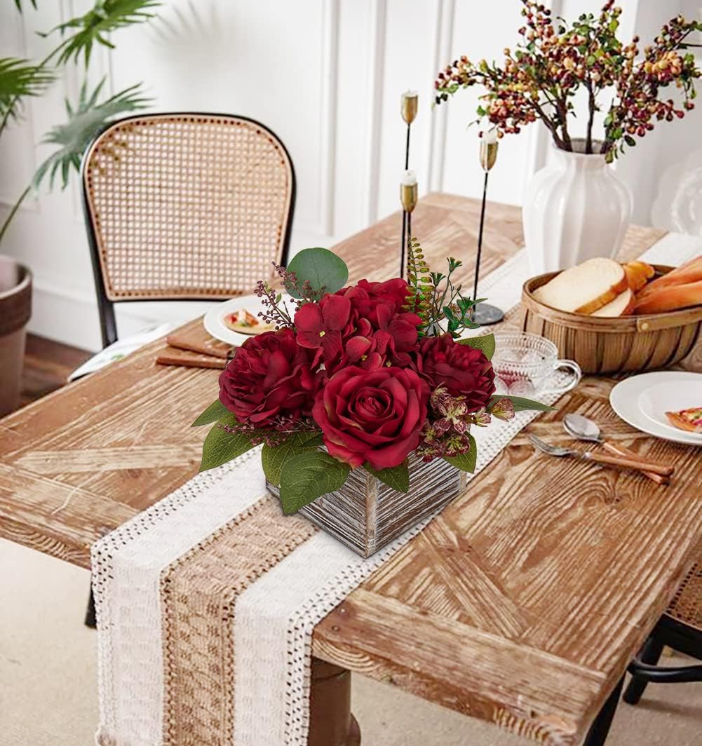 Flower Arrangement with Wooden Vase 8&#x22; Artificial Flowers in Pot - Fake Flowers Roses Peonies Hydrangeas in Wooden Vase Potted Artificial Flower Centerpieces for Table Decor Living Room - Red