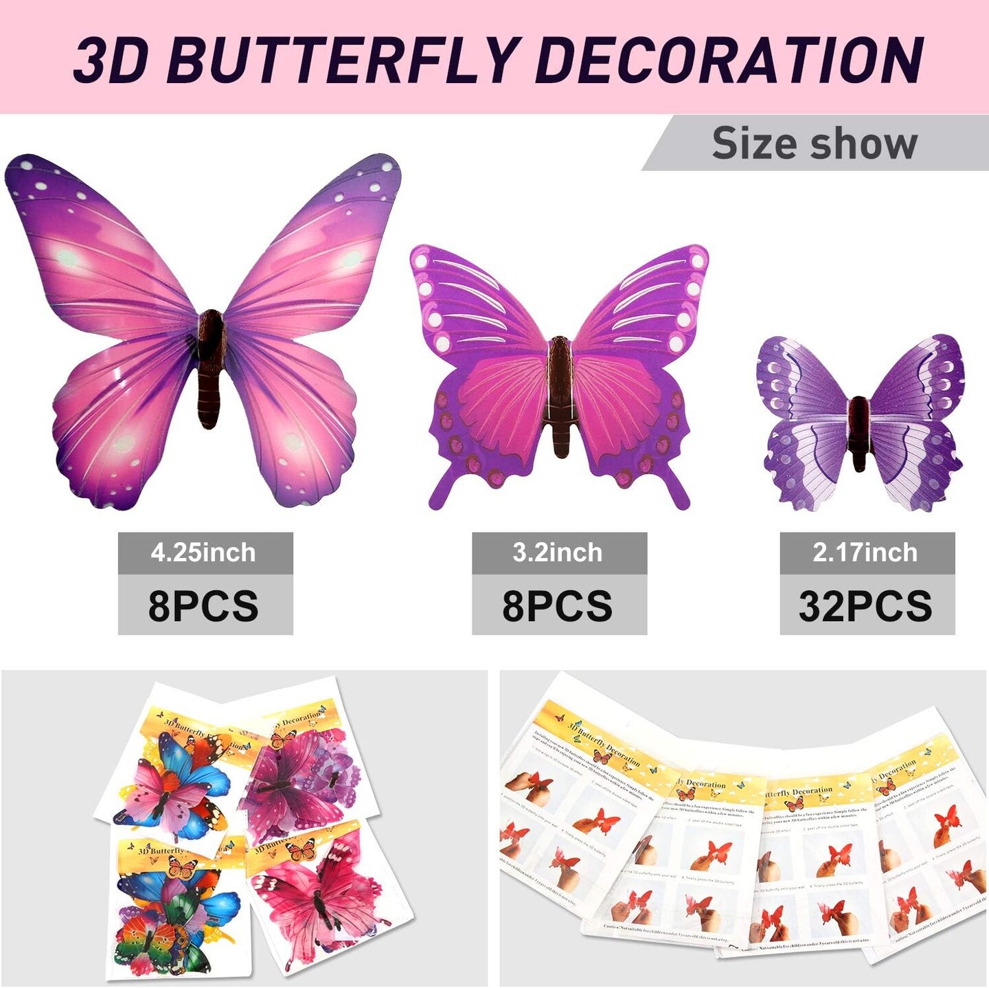 48 Pieces Luminous 3D Glow in The Dark Butterfly Wall Decors Decal Removable Ceiling Butterfly Stickers DIY Art Crafts for Nursery Living Room Bedroom Home Decoration (Pink, Purple, Multi-Colors)