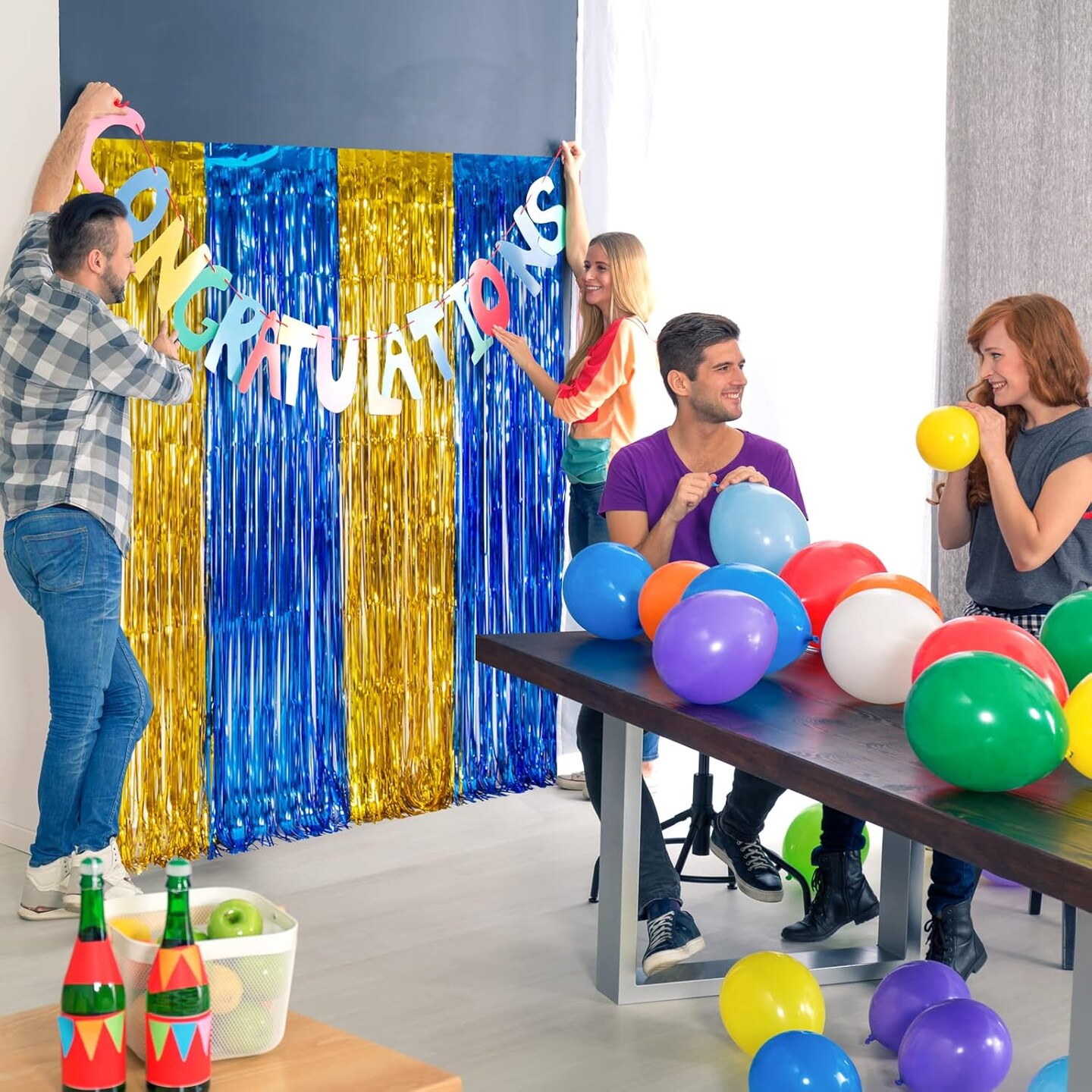 2-Pack Blue & Gold Foil Fringe Curtains 3.3x6.6ft Graduation Party Backdrop Decorations