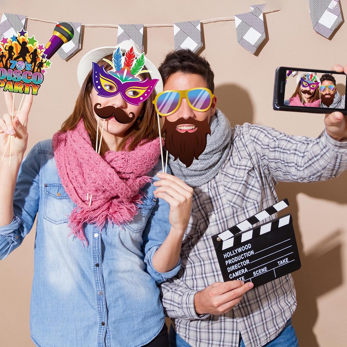 37 PCS 70s Photo Booth Props - 70s Party Decor, Disco Props &#x26; Backdrop