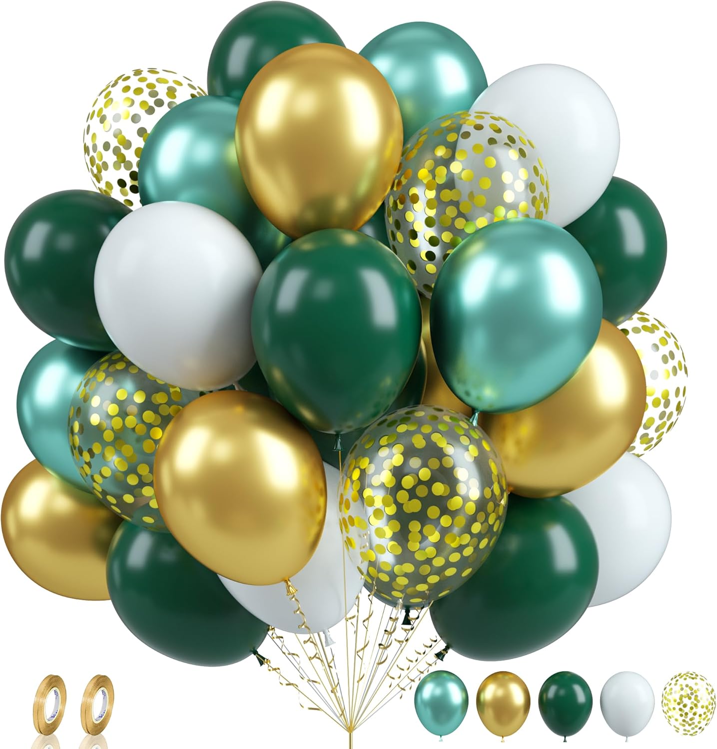 Green Gold Balloons Set, 60PCS Dark Green White Gold Balloons, 12Inch Metallic Green Gold Latex Balloons Gold Confetti Balloons Helium for Jungle Safari Birthday Wedding Baby Shower Party Decoration