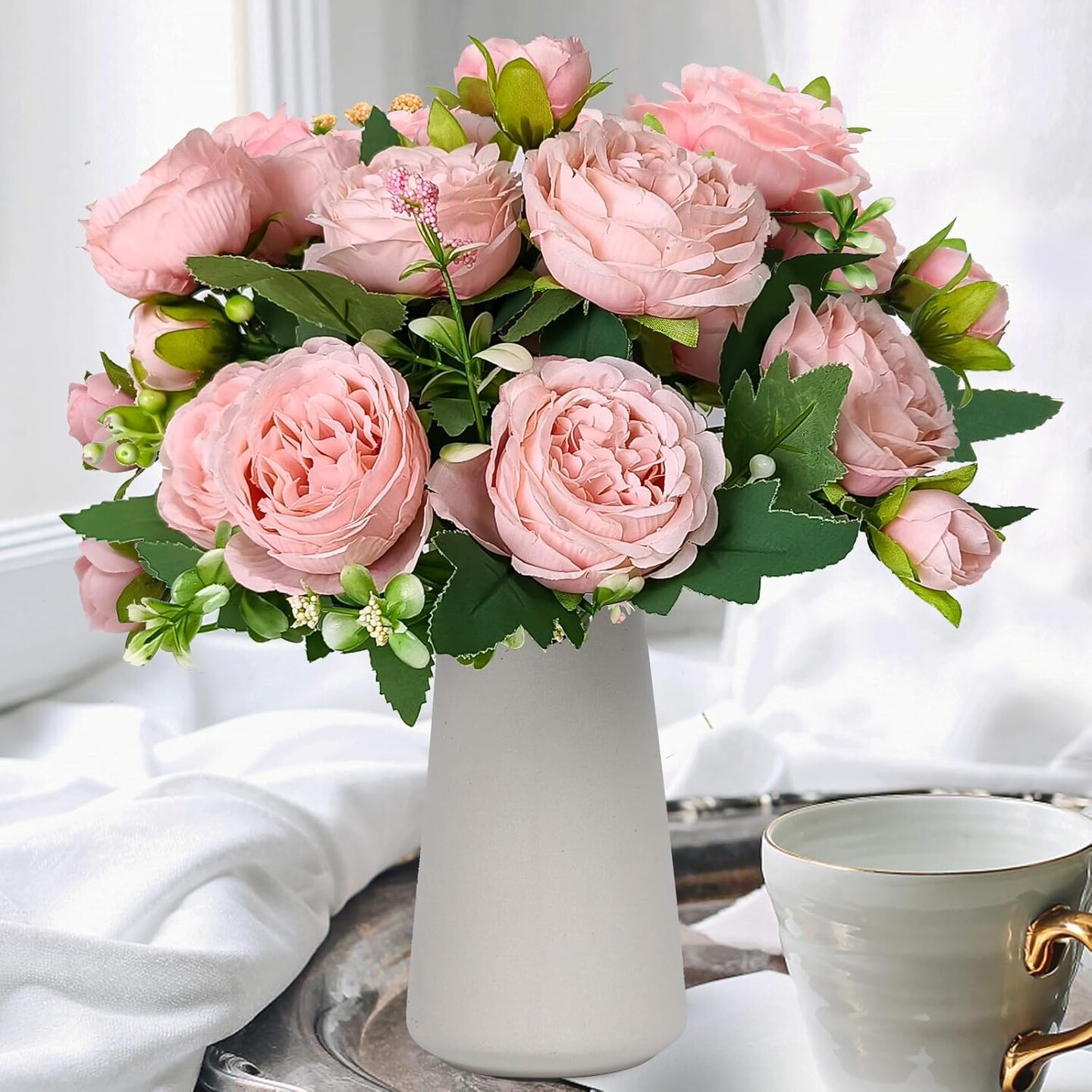 Faux Peony Flowers with Vase Fake Bouquet with Stems Artificial Greenery for Floral Arrangements Silk Plants for Home Decor Indoor Rustic Coffee Centerpiece Table Mother&#x27;s Day(Pink)
