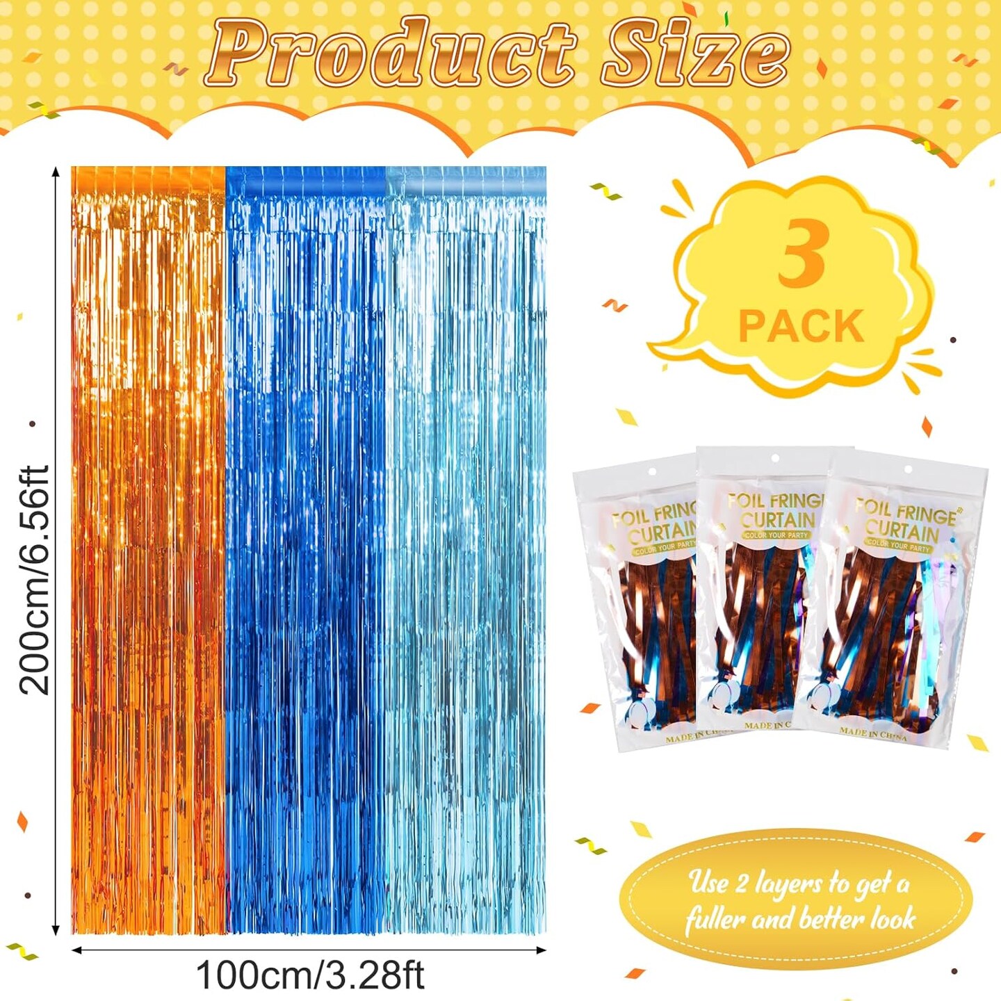 3 Pack 3.3X6.6Ft Blue Dog Foil Fringe Curtains Backdrop Decorations, Orange Blue and Light Blue Birthday Party Tinsel Metallic Streamers Photo Booth Background for Blue Dog Theme Party Supplies
