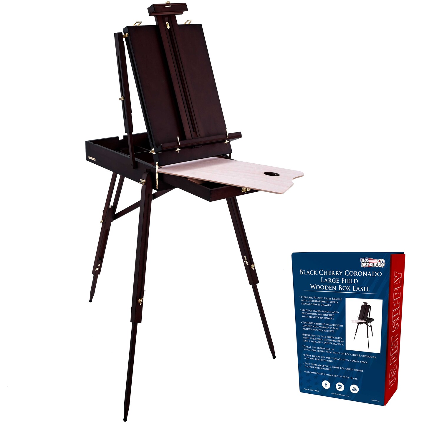 Coronado Black Cherry Easel, Large Adjustable Wooden French Style Field &#x26; Studio Sketchbox Tripod Easel Drawer, Artist Wood Palette, Premium Beechwood