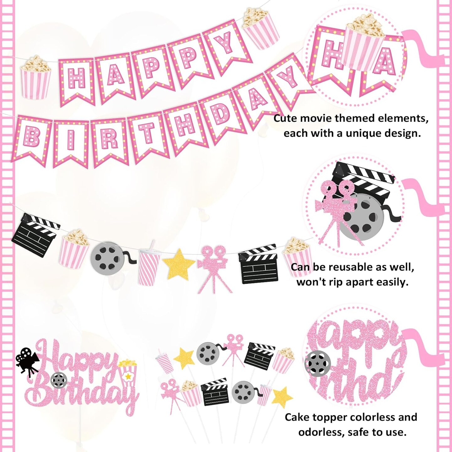 Happy Birthday Decorations,Movie Theme Party Decorations Pink Popcorn Camera Movie Theater Decorations Cute Cake Topper Latex Balloons