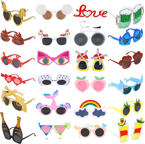 24PCS Bluk Funny Party Glasses, Novelty Cool Shpaed Party Sunglasses, Cute Eyewear, Sunglasses Masks for Adults, Teens, Funny Photo Booth Props for Luau, Pool, Summer, Hawaiian, Graduation, Wedding