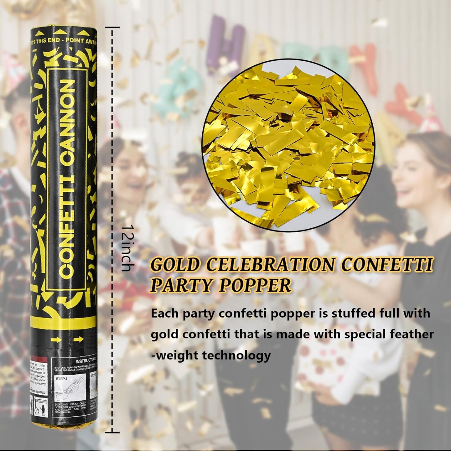 Confetti Cannon Gold Party Poppers 12 Pack Confetti Party Cannon Shooters for Celebrations Wedding Birthday Graduation Golden Foil 12 inch Confetti Poppers for Christmas New Year Eve Party Supply