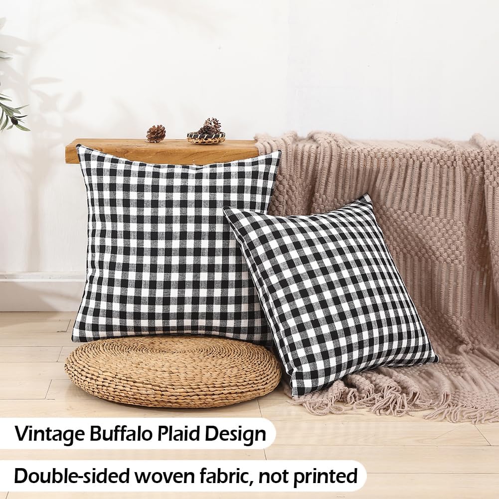 Black and White Buffalo Plaid Outdoor Pillow Covers 18x18 Set of 2, 18 x 18 Modern Farmhouse Decor Couch Pillows, Black White Winter Christmas Holiday Plaid Pillows (No Pillow Inserts)