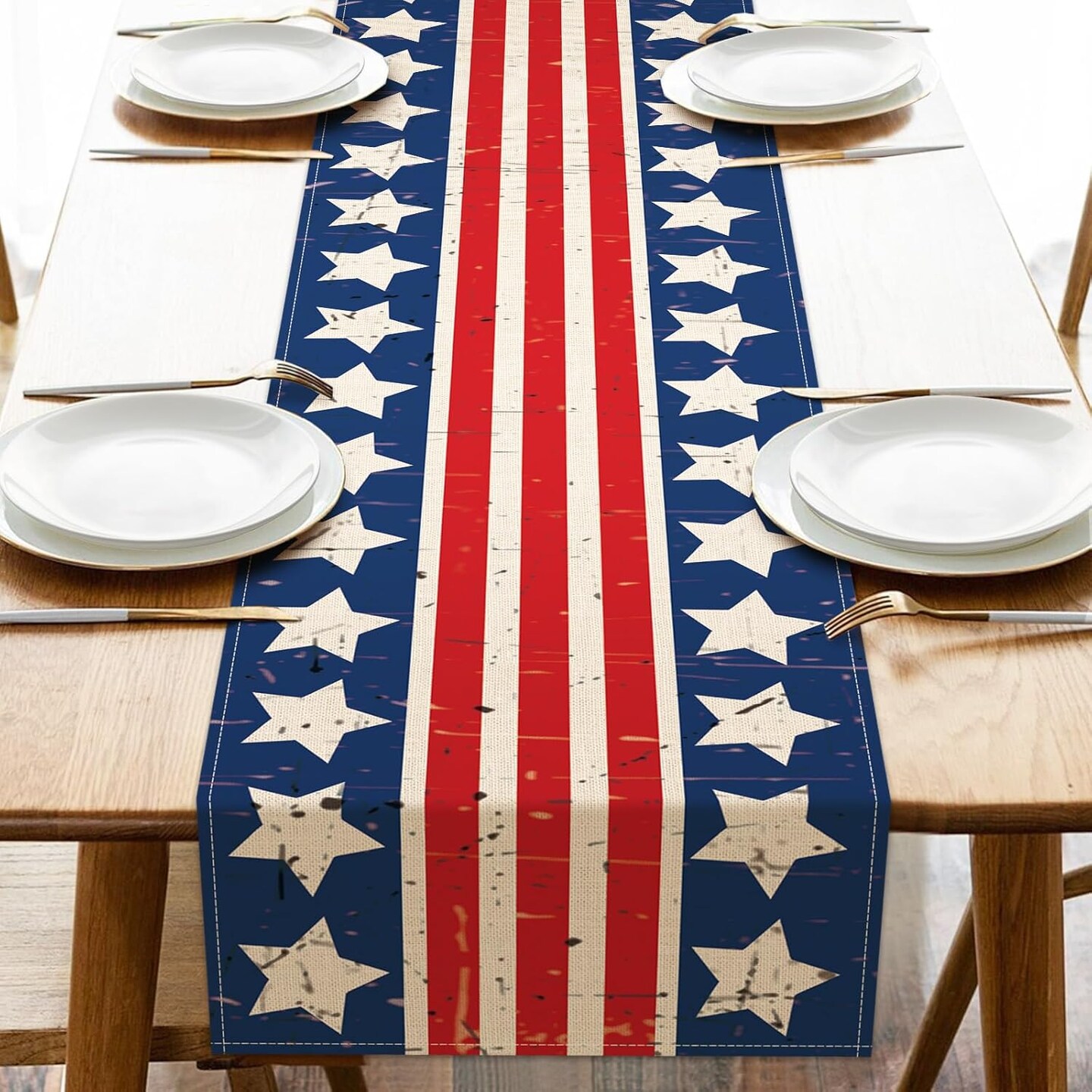 4th of July Dining Table Runner, Patriotic America Stars Stripes Burlap Kitchen Decoration, American USA Indoor Outdoor Home Decor Party Supply