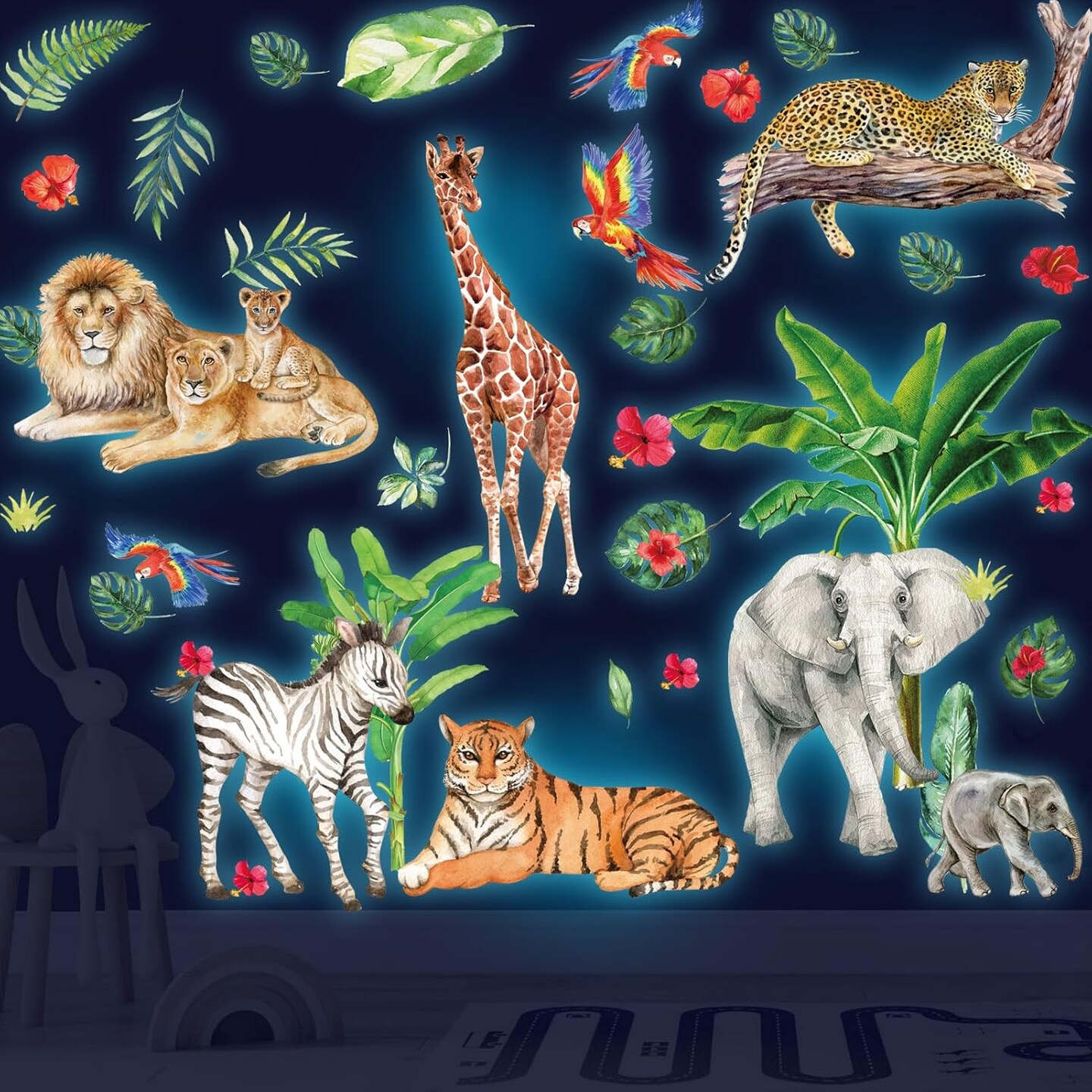 Glow-in-the-Dark Jungle Animal Wall Decals – Removable Safari Stickers for Kids’ Bedroom & Nursery