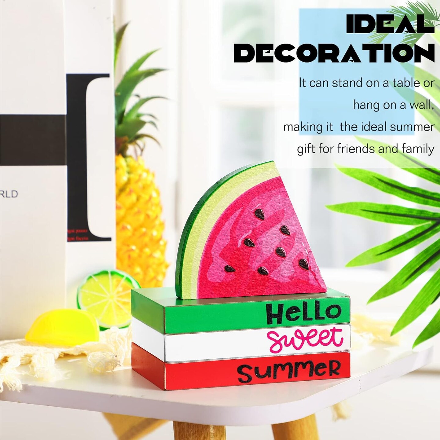 Yulejo 4 Piece Summer Watermelon Table Decor for Home Hello Sweet Summer Book Table Centerpieces Farmhouse Wooden Watermelon Tiered Tray Stacked Book Decor for Home Office Kitchen