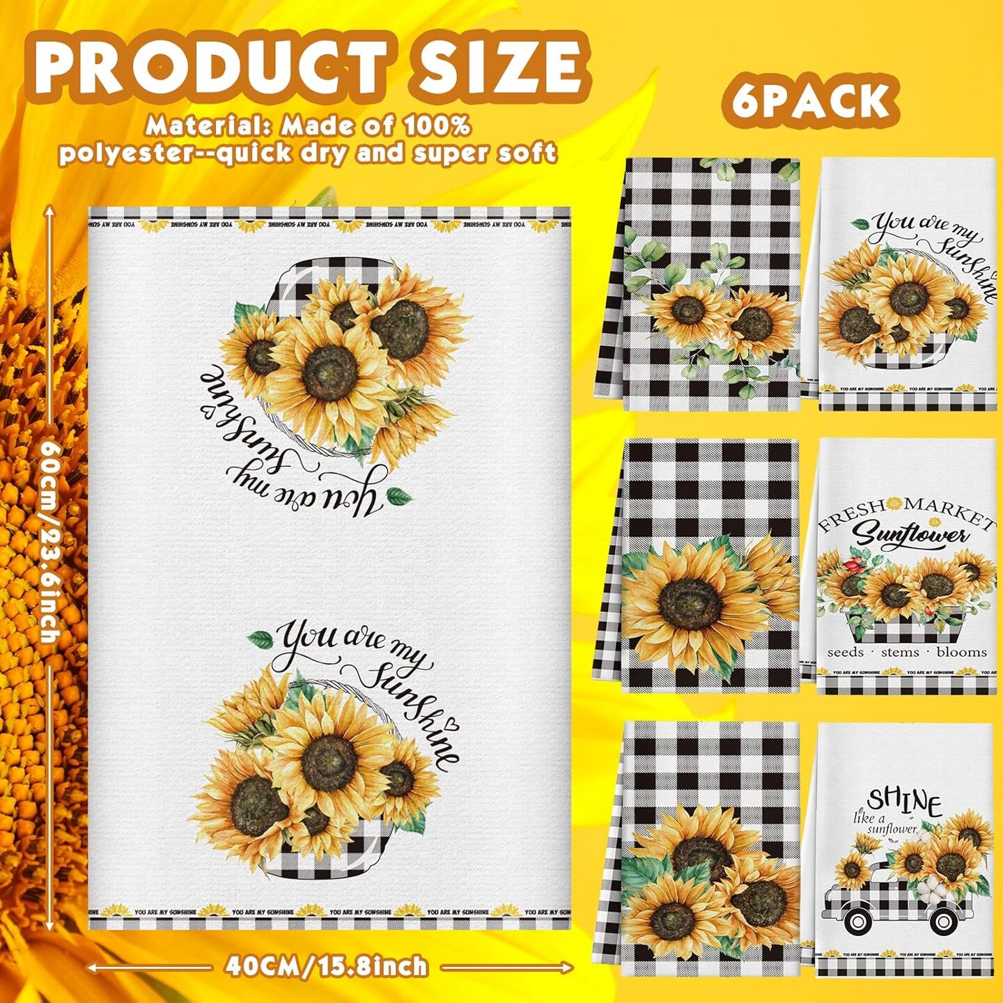 6 Pcs Sunflower Kitchen Towels Summer Buffalo Plaid Dishtowels for Kitchen Ultra Absorbent Black and White Hand Wash Cloth Sunflower Decor Decorative Set for Bathroom Housewarming Gift
