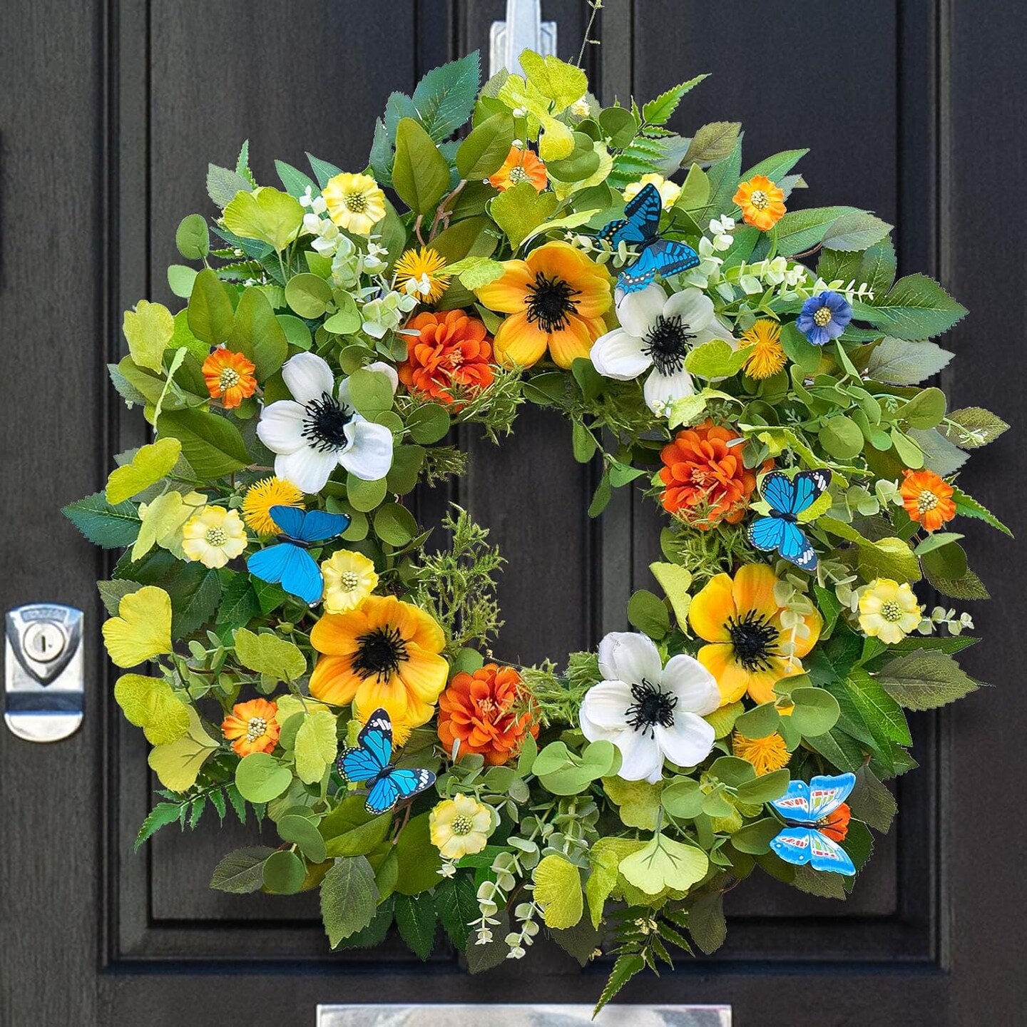 Summer Wreaths for Front Door 24 Inch Summer Wreath Artificial Floral Greenery Wreath with Beautiful Hydrangea Pansies and Butterfly Summer Wreaths for Front Door Outside
