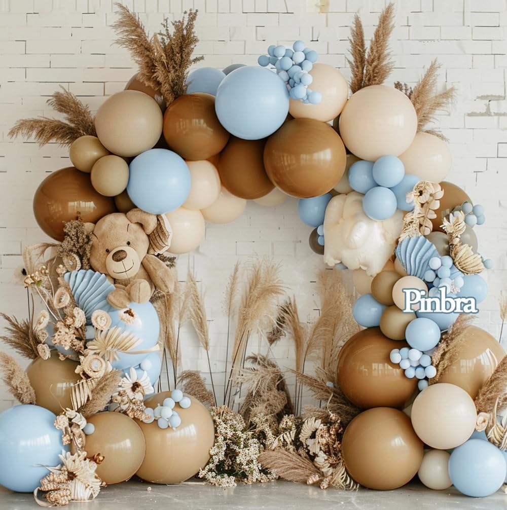 Brown And Blue Balloon Garland Double Stuffed Nude Tan Light Blue Beige Balloon Latex Arch Kit for Neutral Birthday Baby Shower Teddy Bear Gender Reveal Jungle Safari Party Decorations
