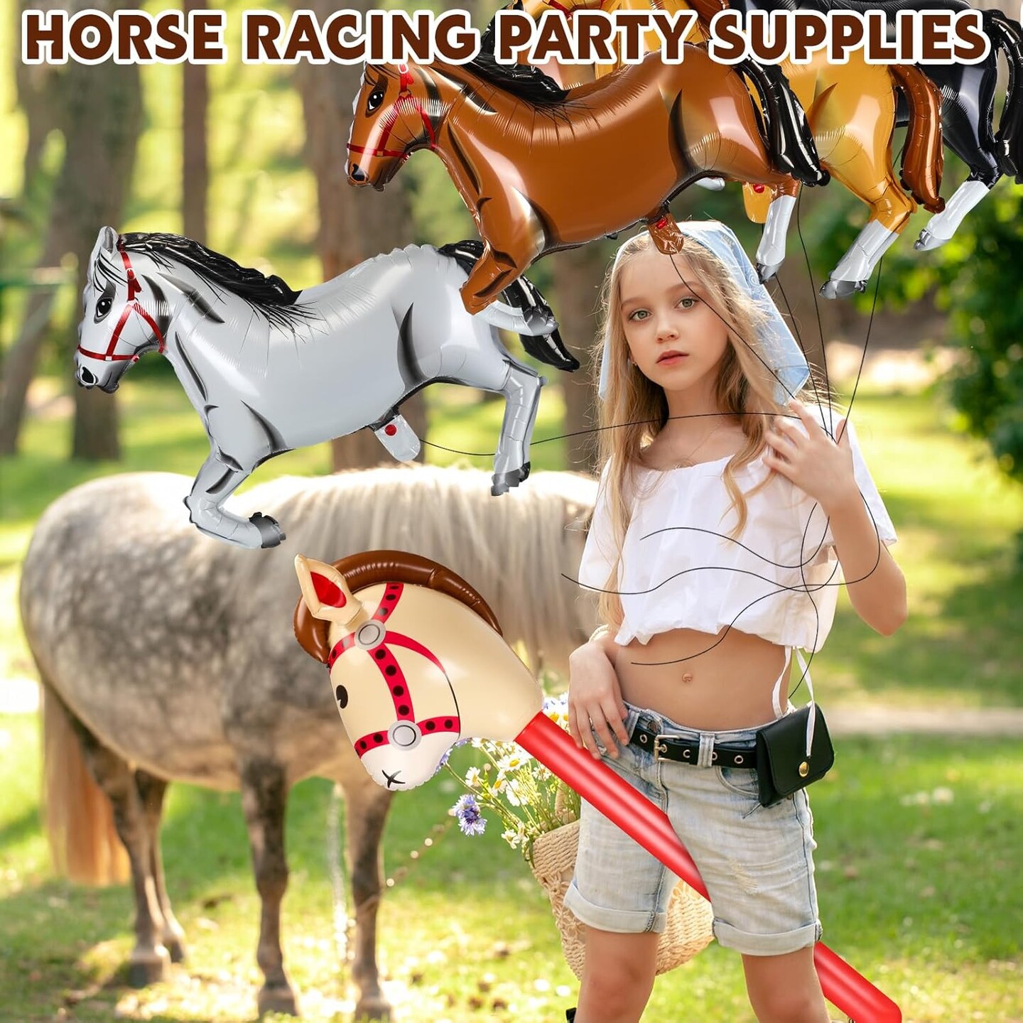 Roshtia 16 Pcs Inflatable Stick Horse and Horse Balloons for Kids Racing Derby Party Supplies Cute Horsehead Stick Balloon Derby Day Party Decorations for Birthday Baby Shower
