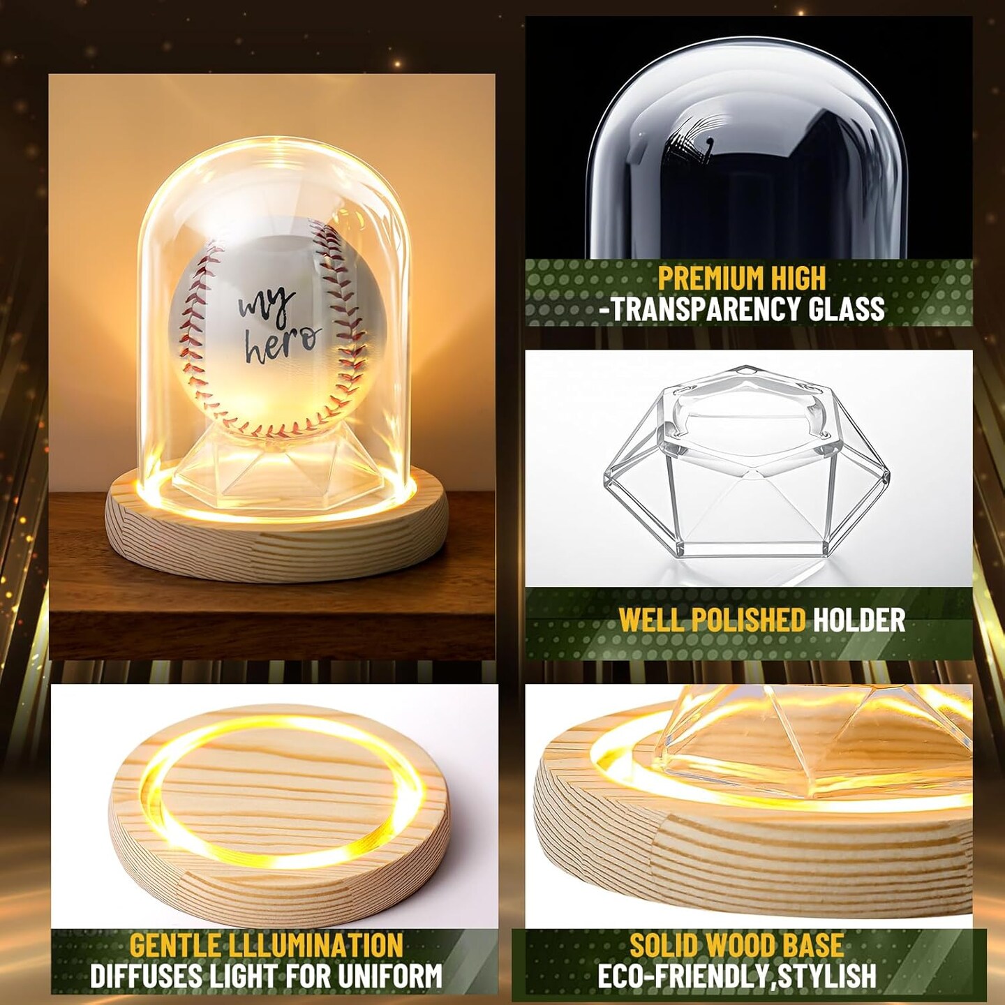 LED Baseball Display Case, Light up UV Protection 360&#xB0; Glass Baseball Case with Wooden Base 3.5 x 4.7&#x27;&#x27; Golf Ball Holder Stand for Balls Tennis Golf Display Figurine Memorabilia Gift Decoration