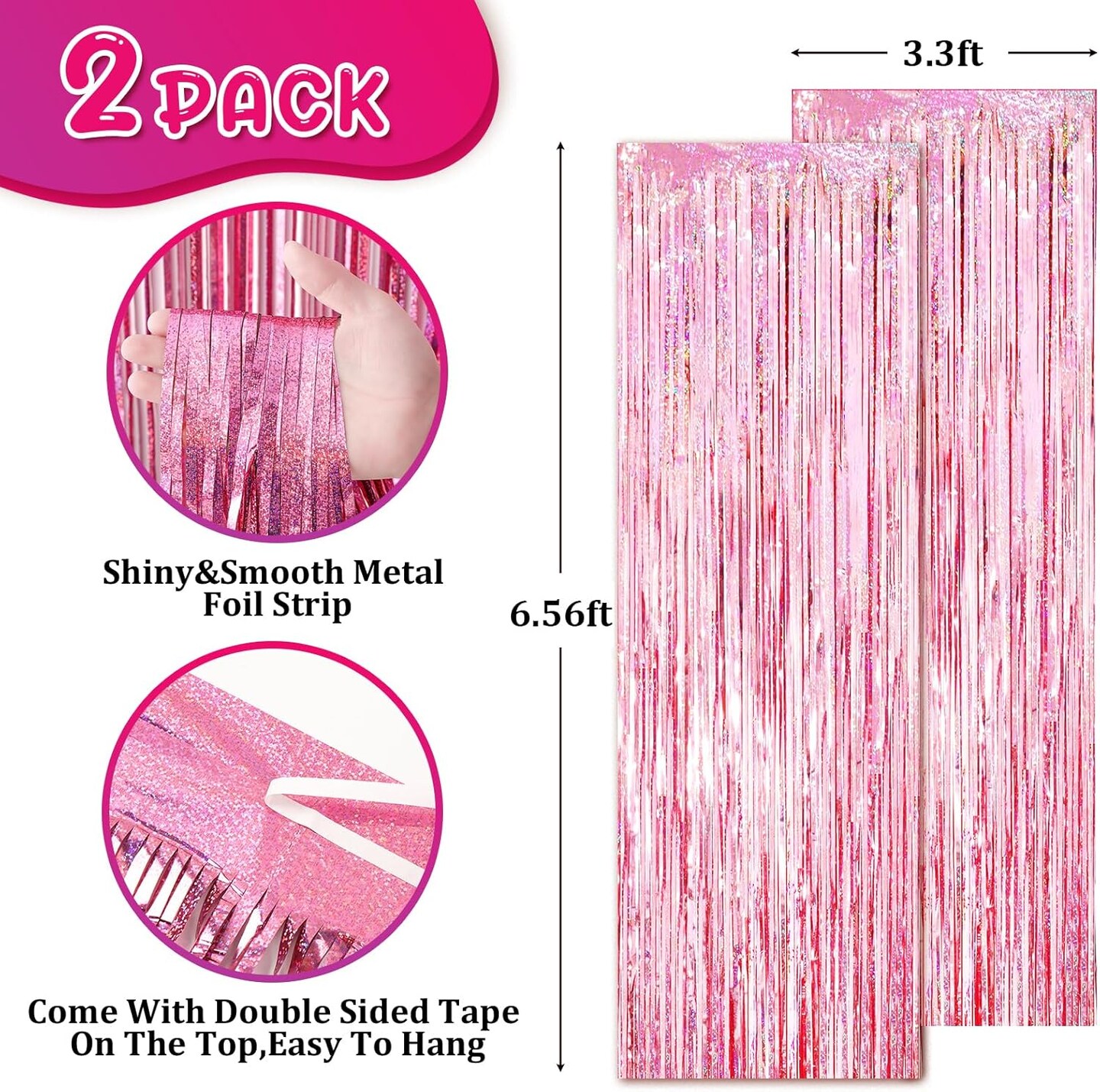 2-Pack Laser Pink Metallic Foil Fringe Curtains Party Backdrop Decorations