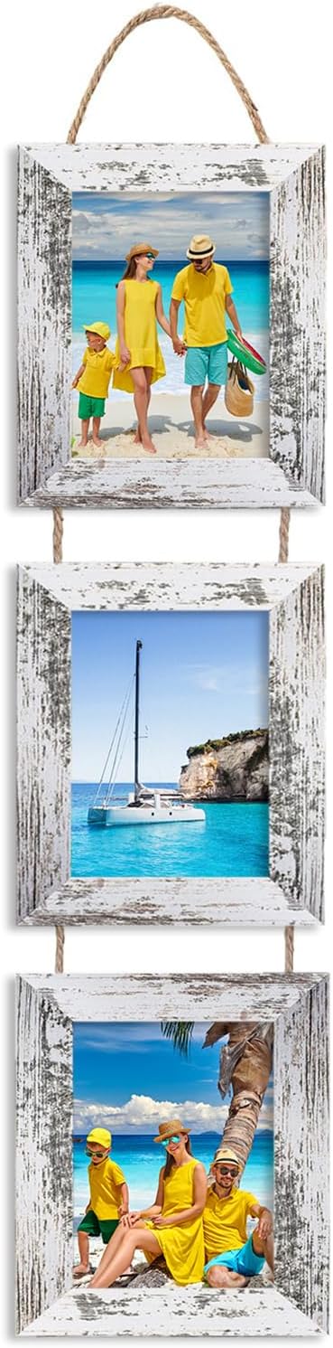 5x7 Picture Frame, Wall Hanging Picture Frames Collage with 3 Opening, Picture Frame Set MDF Wood, High-Definition Plexiglass Frames (Rustic White)