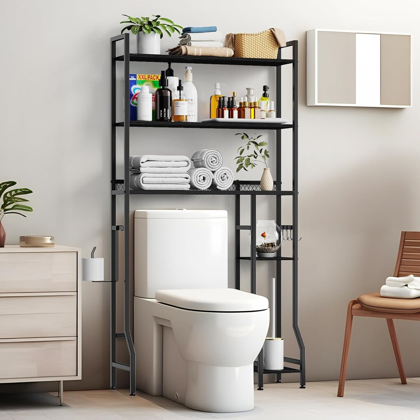 33&#x22; Extended Over The Toilet Storage Rack - Freestanding Bathroom Organizer with Adjustable Shelves, Hooks, Industrial Metal &#x26; Wood Design, Black - Easy Assembly