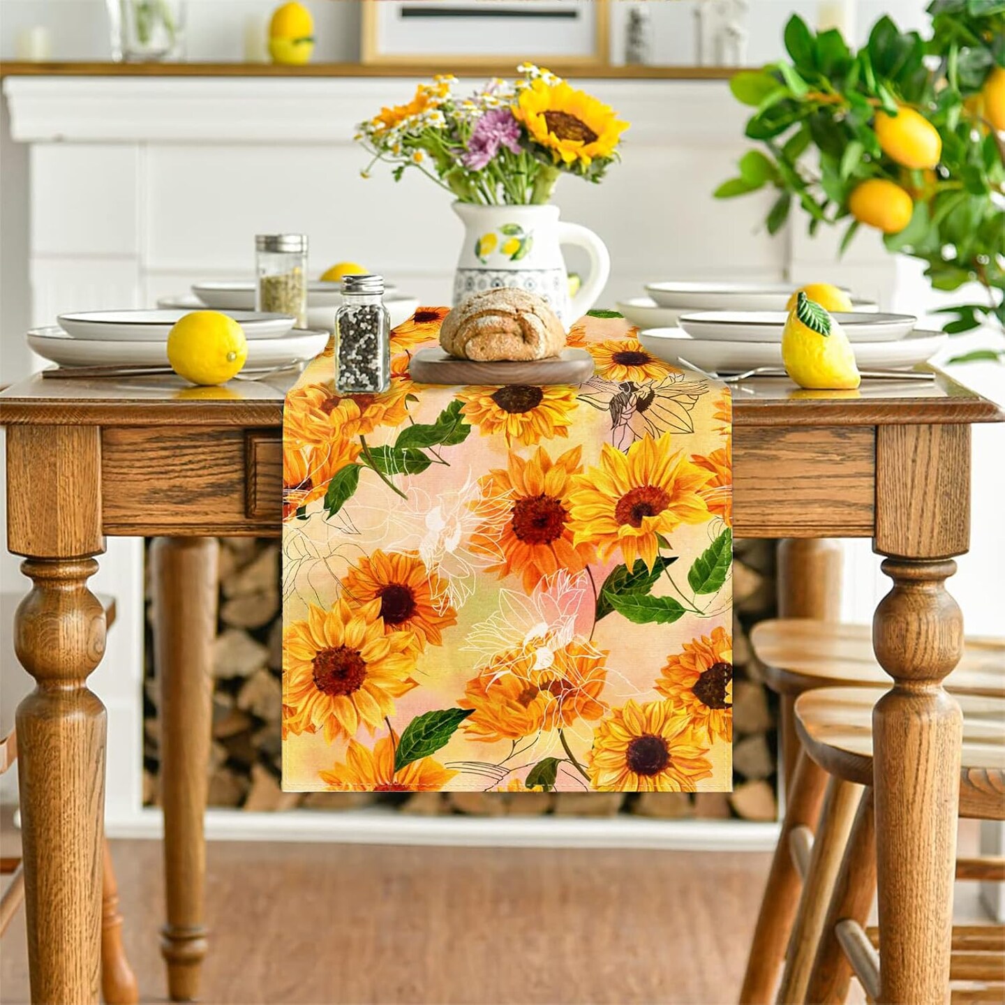 Summer Linen Rustic Watercolor Sunflower Table Runner Spring Flower Table Cover Spring Sunflower Decorations for Simple Life Home Party