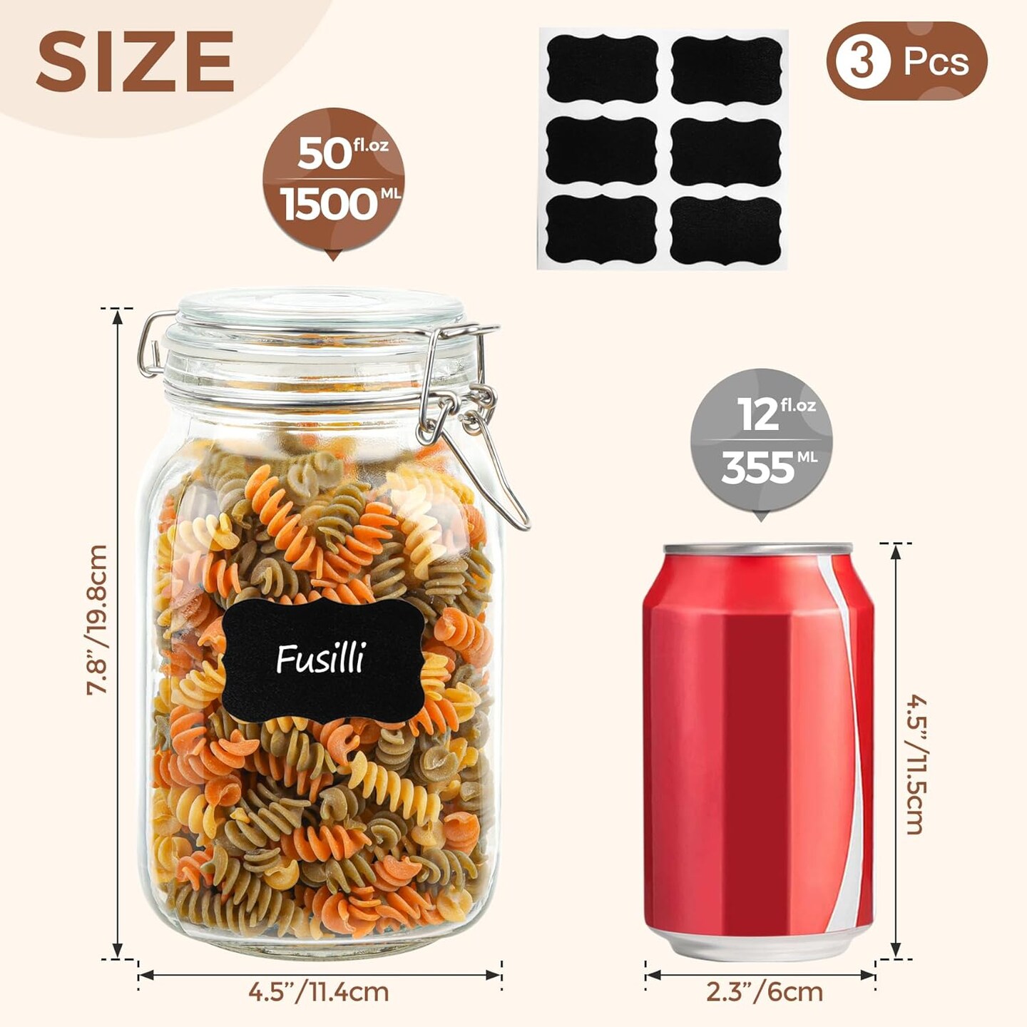 Airtight Glass Canister Set of 3 with Lids 50oz Clear Food Storage Jars Square, Kitchen &#x26; Pantry Organization Food Storage Container for Canning, Sugar, Flour, Pasta, Candy, Cereal, Coffee