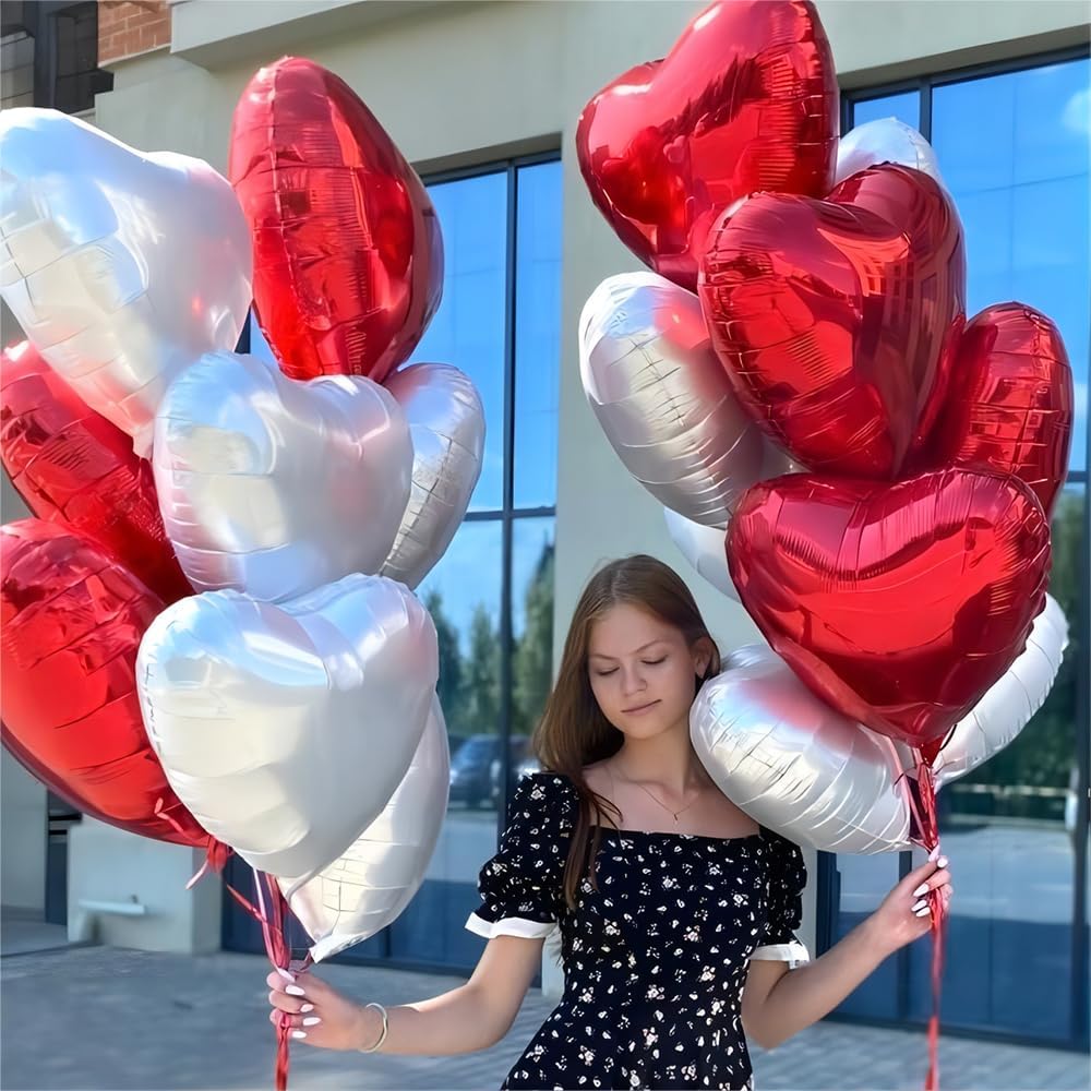 Red And Silver Heart Foil Balloons&#xFF08;12 pcs &#xFF09;,18 Inch Silver And Red heart Mylar Shaped foil Love Balloon for Wedding Decoration Party Birthday Valentines Balloon