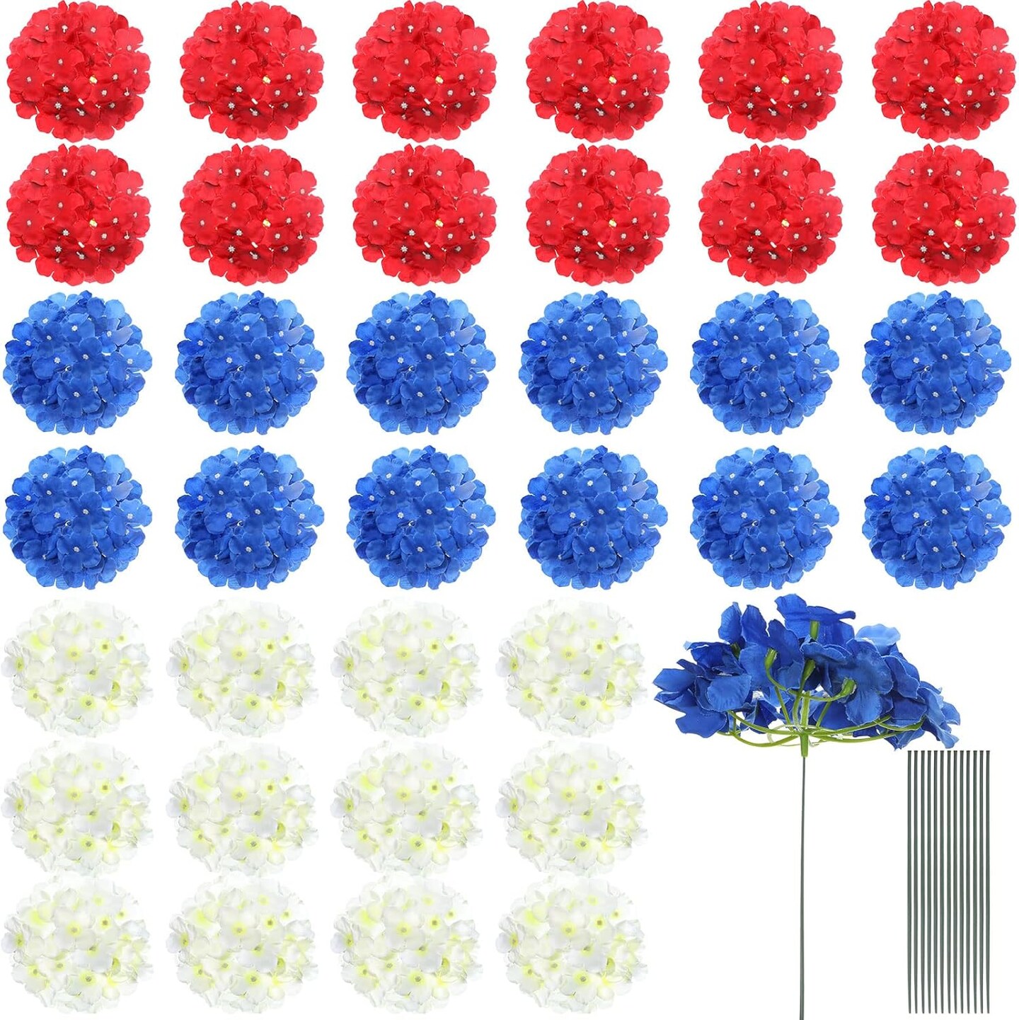 36 Pack Red White Blue Artificial Hydrangea Flowers with Stems