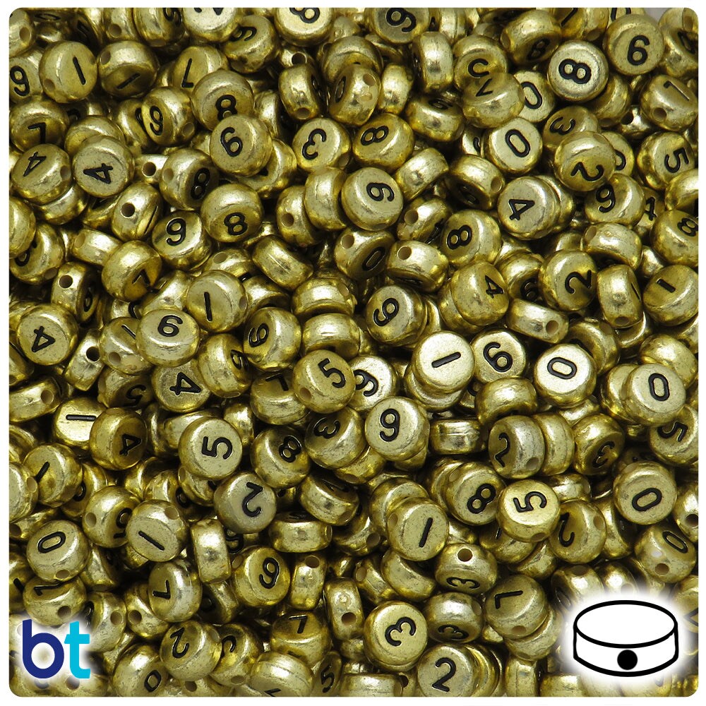 BeadTin Gold Metallic 7mm Coin Plastic Alpha Beads - Black Number Mix (250pcs)