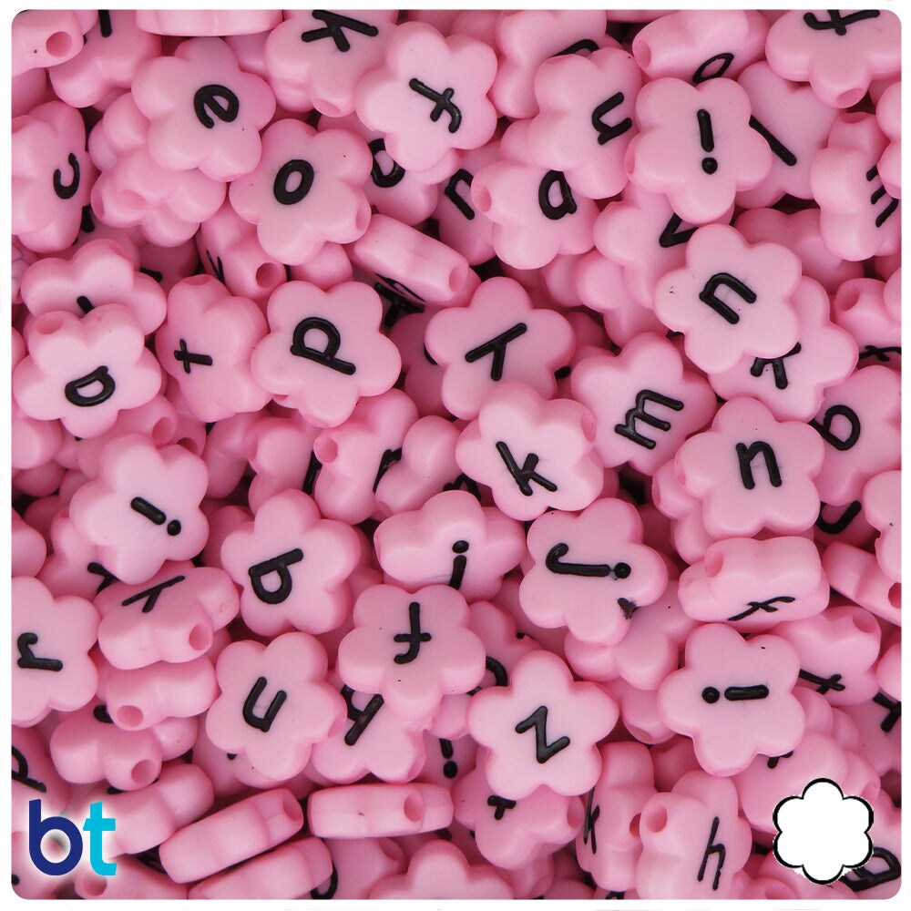 BeadTin Light Pink Opaque 12mm Flower Plastic Alpha Beads - Black Letter Mix (120pcs)