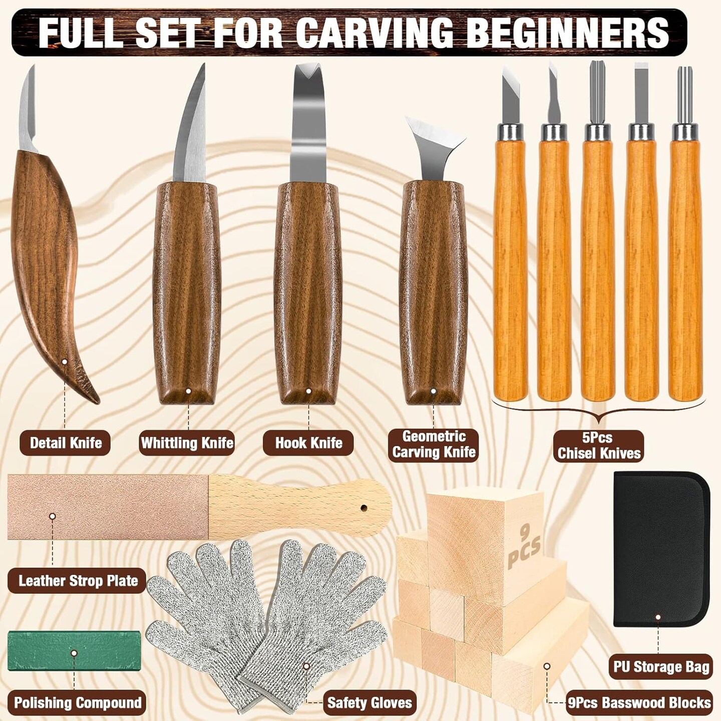 Wood Carving Kit, 23pcs Wood Carving Tool with 4PCS Wood Carving Knives &#x26; 5PCS Detail Knives 9 Basswood Blocks &#x26; Gloves &#x26; Roll Bag &#x26; Strop Block &#x26; Polishing Compound Whittling Kit Hobbies for Adults