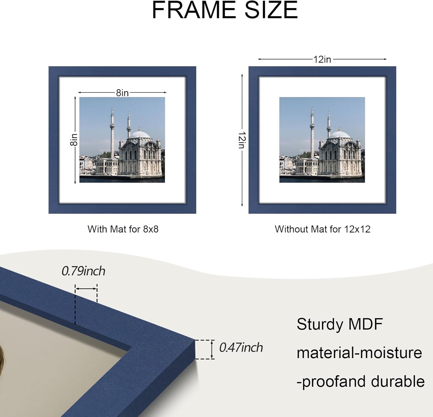 12x12 Picture Frame Set of 9, Photo Gallery Wall Frame Set, Display Pictures 8x8 with Mat or 12 x 12 Without Mat, Square Frame Picture Frames Collage Wall Decor, Blue