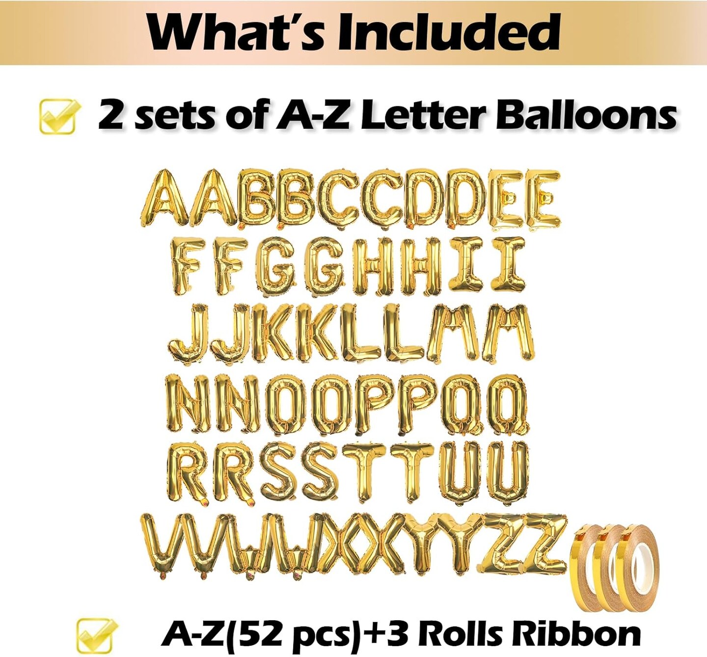 [52 PCS] 16&#x22; Foil Gold Letter Balloons 2 Sets of A-Z, Mylar Aluminum Hanging Alphabet for Graduation New Year eve Birthday Party Decorations